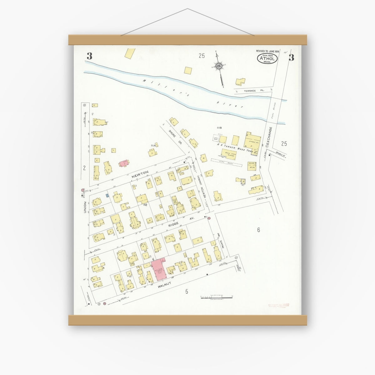 Old map wall art mockup — magnetic wood frame on white wall — Sanborn Fire Insurance Map from Athol, Worcester County, Massachusetts (1936), Sheet #0003