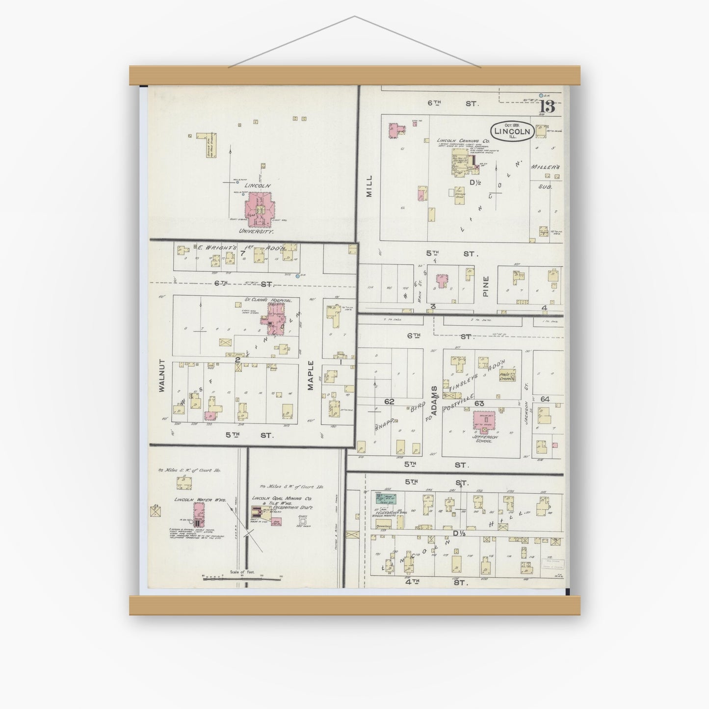 Old map wall art mockup — magnetic wood frame on white wall — Sanborn Fire Insurance Map from Lincoln, Logan County, Illinois (1891), Sheet #0013