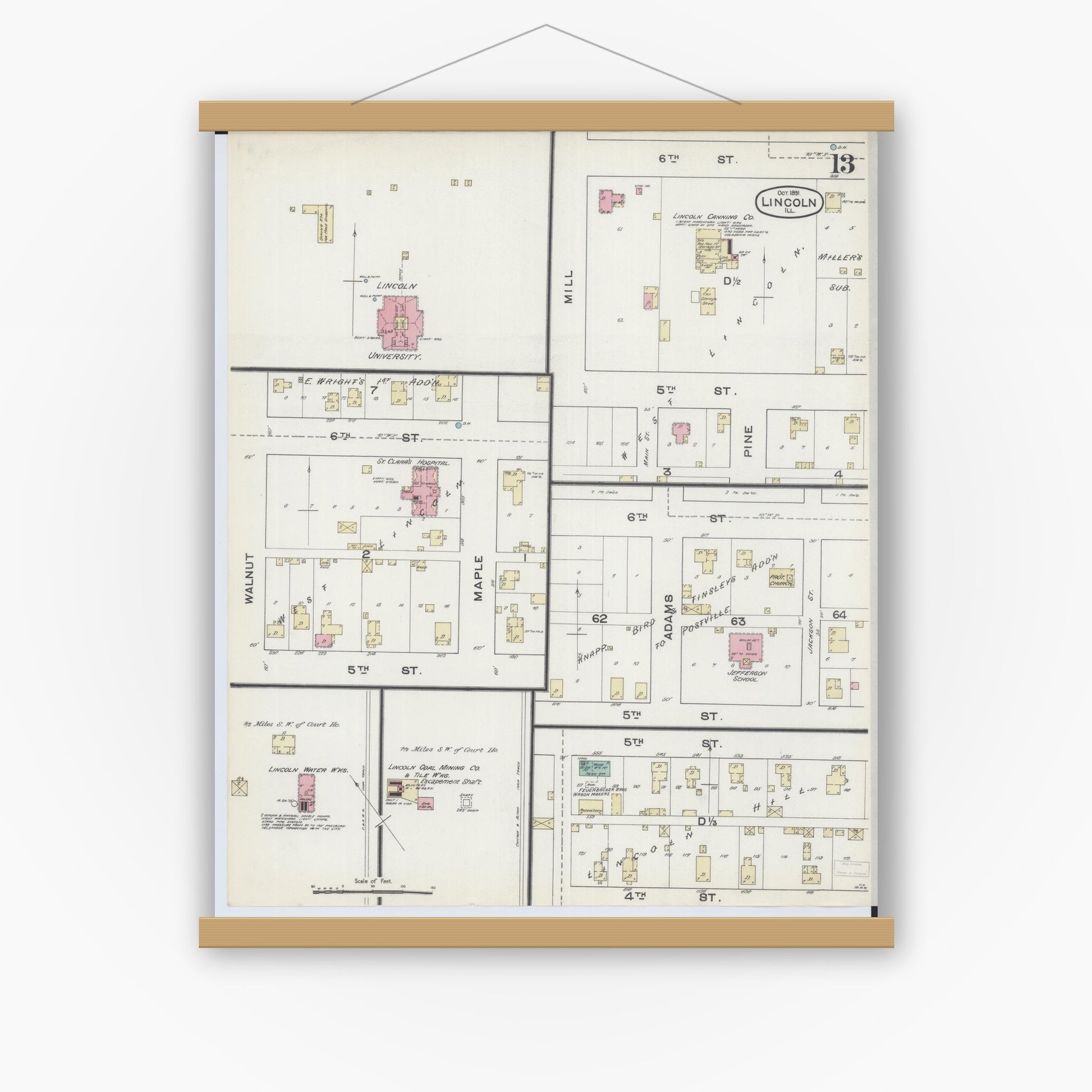 Old map wall art mockup — magnetic wood frame on white wall — Sanborn Fire Insurance Map from Lincoln, Logan County, Illinois (1891), Sheet #0013