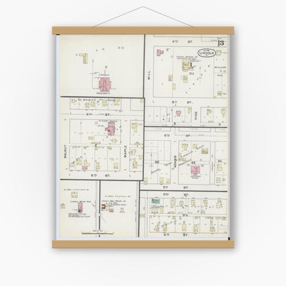 Old map wall art mockup — magnetic wood frame on white wall — Sanborn Fire Insurance Map from Lincoln, Logan County, Illinois (1891), Sheet #0013