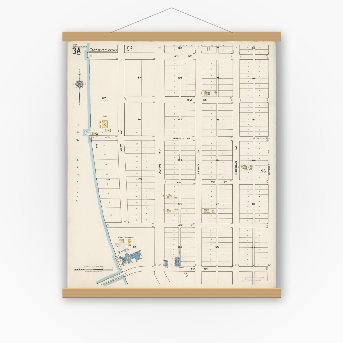 Old map wall art mockup — magnetic wood frame on white wall — Sanborn Fire Insurance Map from Miami Beach, Dade County, Florida (1921), Sheet #0003
