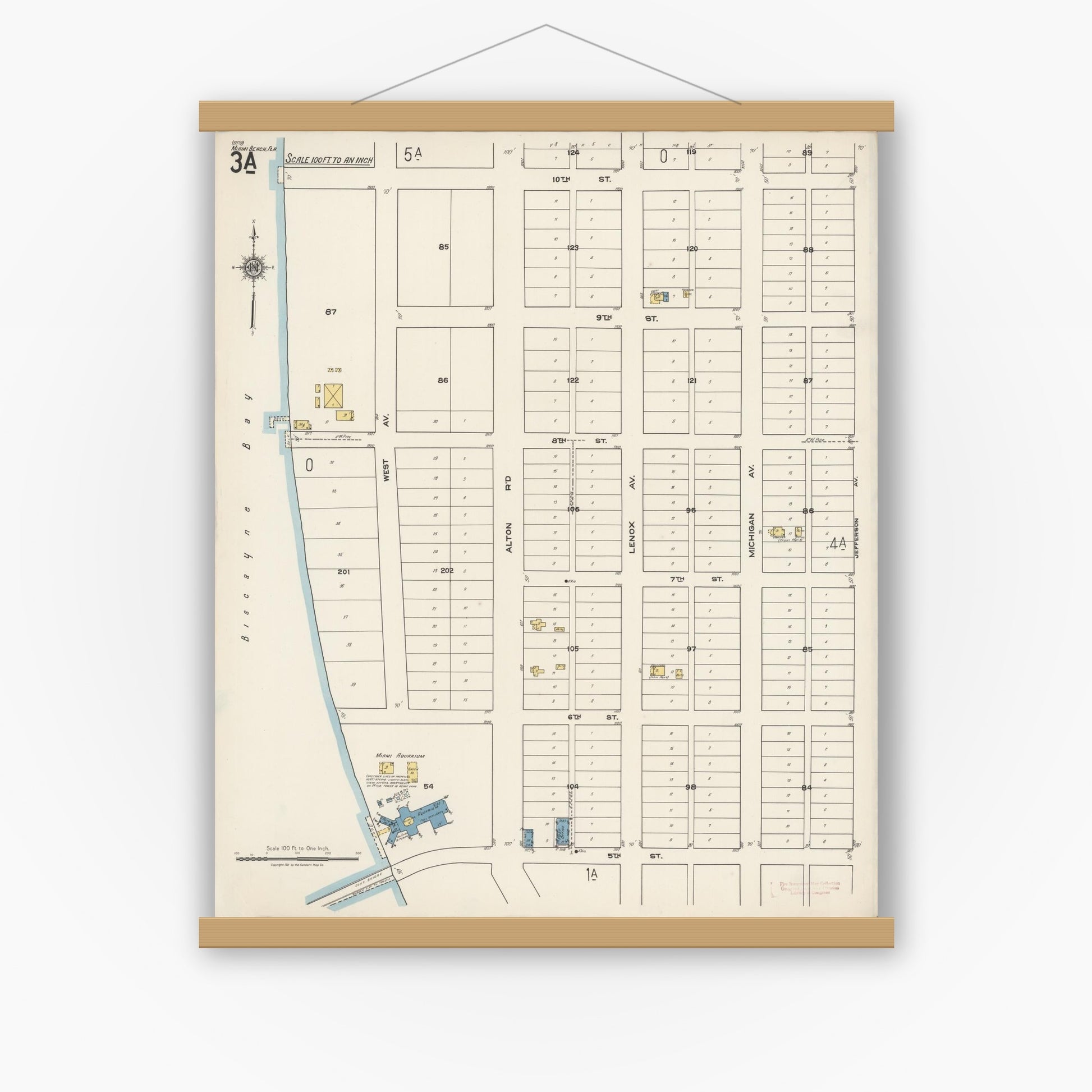 Old map wall art mockup — magnetic wood frame on white wall — Sanborn Fire Insurance Map from Miami Beach, Dade County, Florida (1921), Sheet #0003