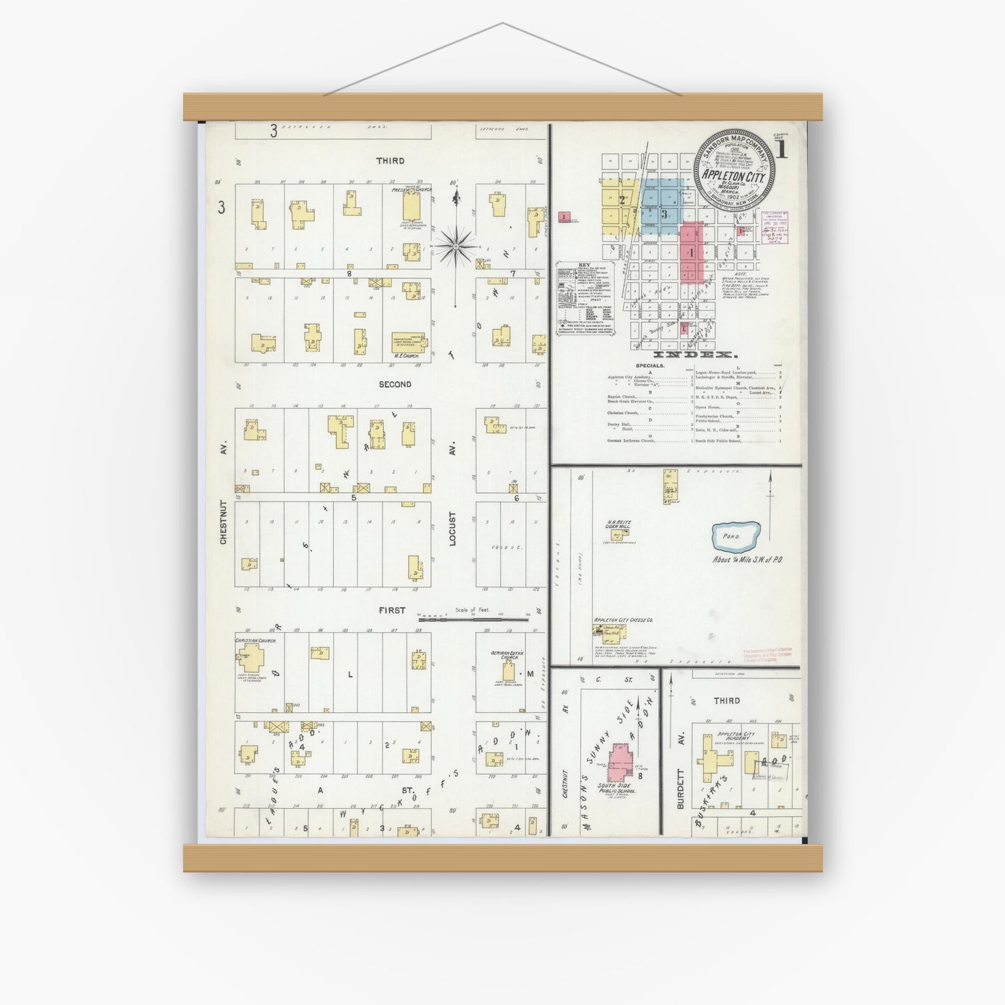 Old map wall art mockup — magnetic wood frame on white wall — Sanborn Fire Insurance Map from Appleton City, Saint Clair County, Missouri (1902) - Complete Map Set