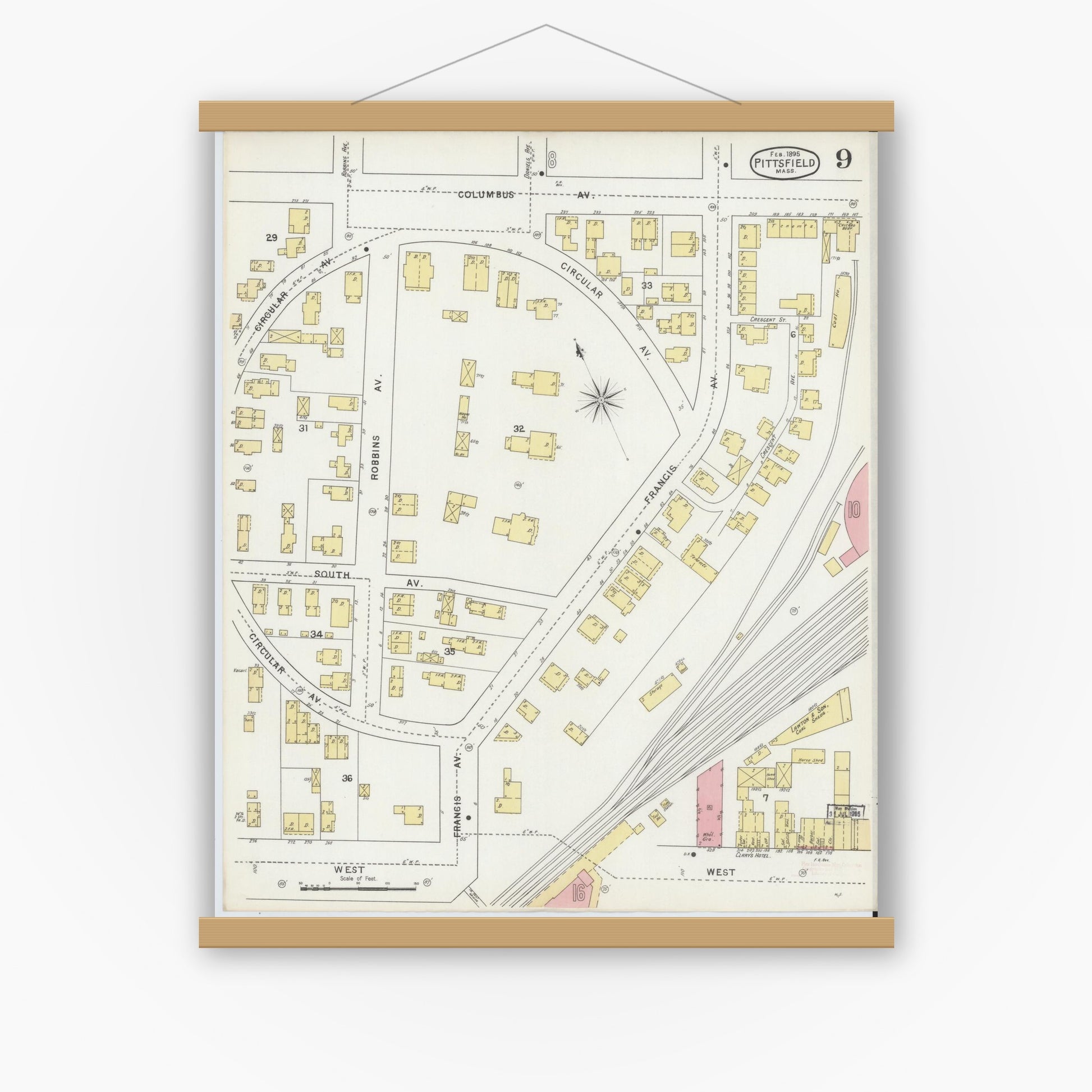 Old map wall art mockup — magnetic wood frame on white wall — Sanborn Fire Insurance Map from Pittsfield, Berkshire County, Massachusetts (1895), Sheet #0009