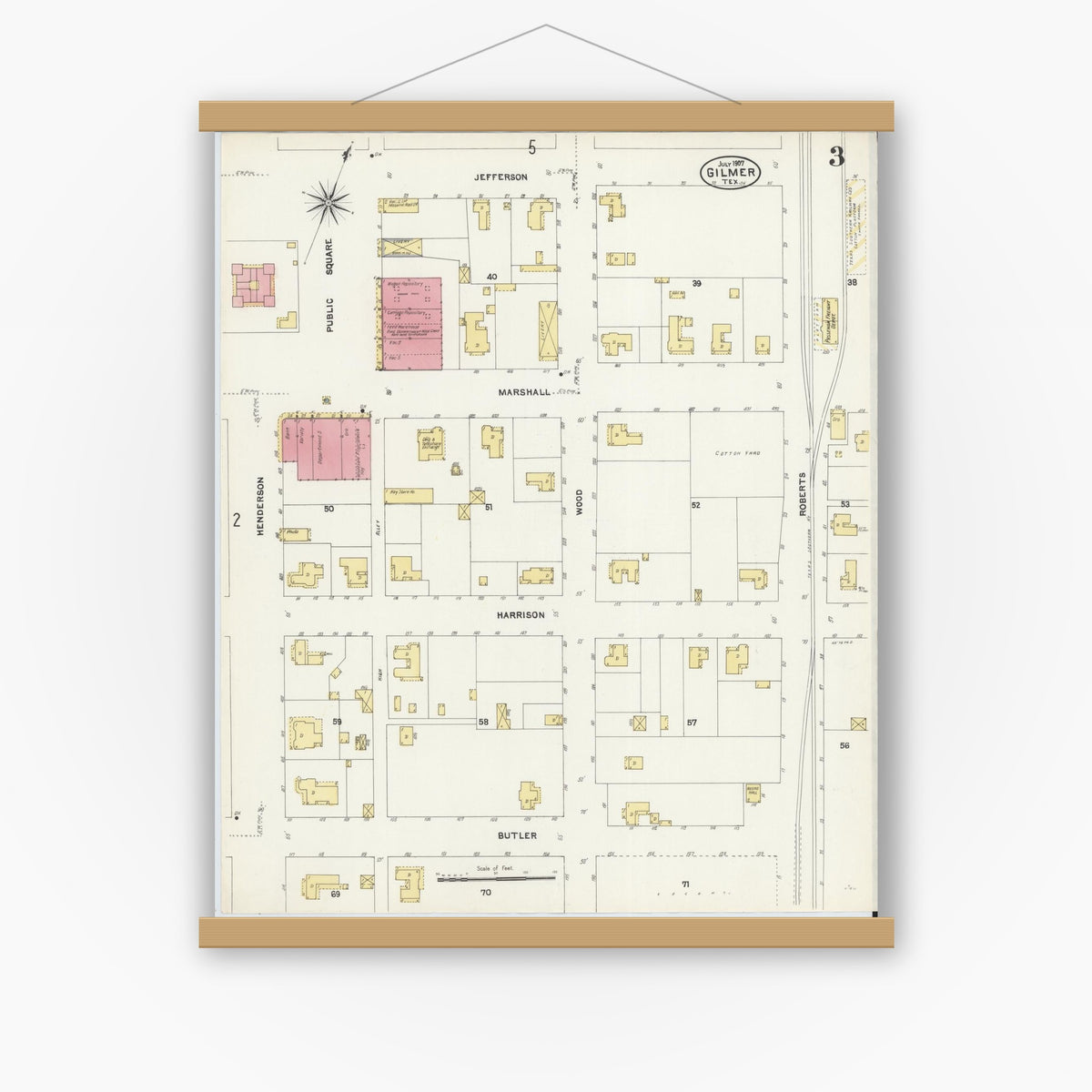 Old map wall art mockup — magnetic wood frame on white wall — Sanborn Fire Insurance Map from Gilmer, Upshur County, Texas (1907), Sheet #0003