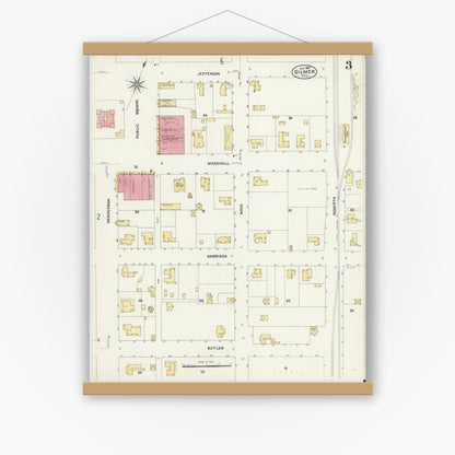 Old map wall art mockup — magnetic wood frame on white wall — Sanborn Fire Insurance Map from Gilmer, Upshur County, Texas (1907), Sheet #0003