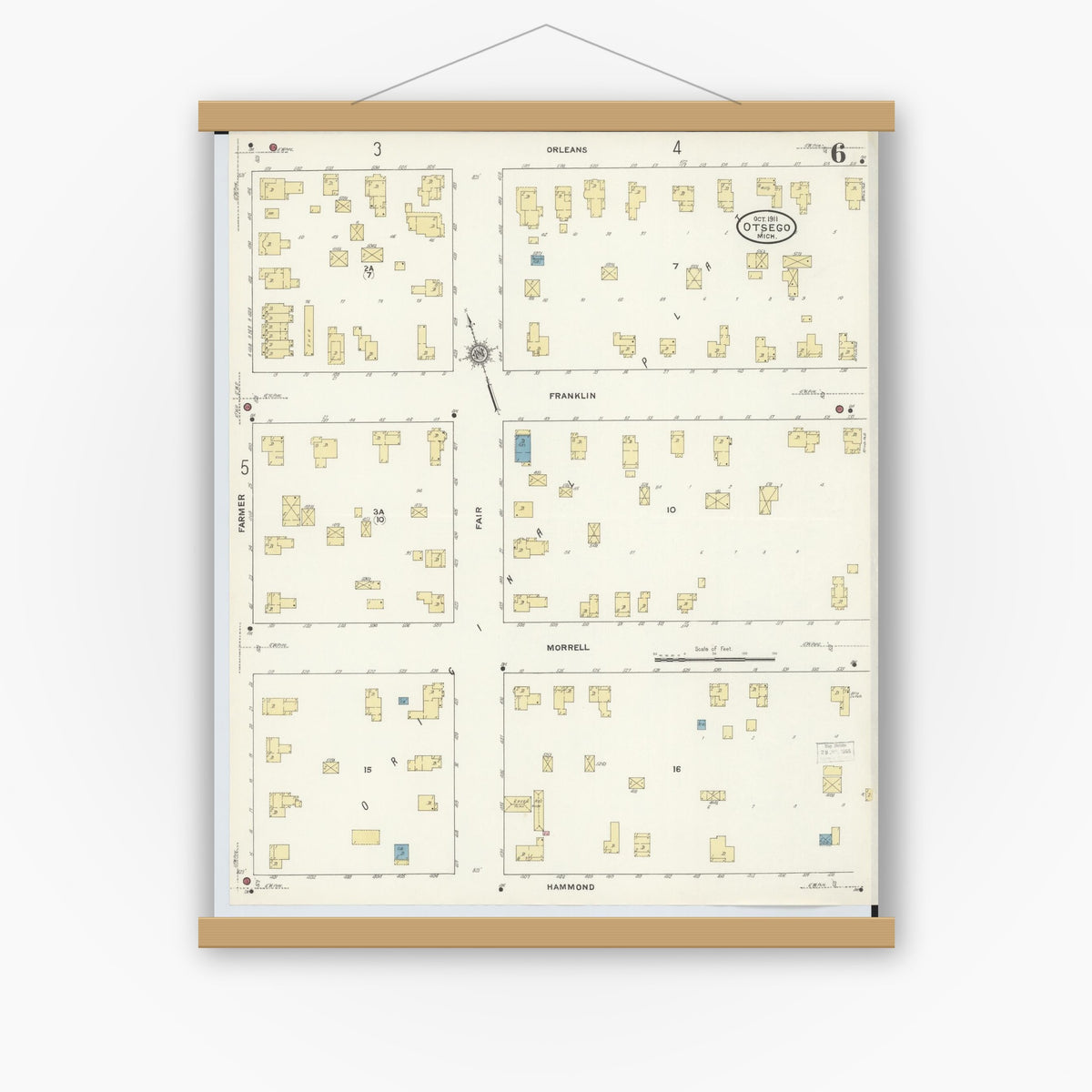Old map wall art mockup — magnetic wood frame on white wall — Sanborn Fire Insurance Map from Otsego, Allegan County, Michigan (1911), Sheet #0006