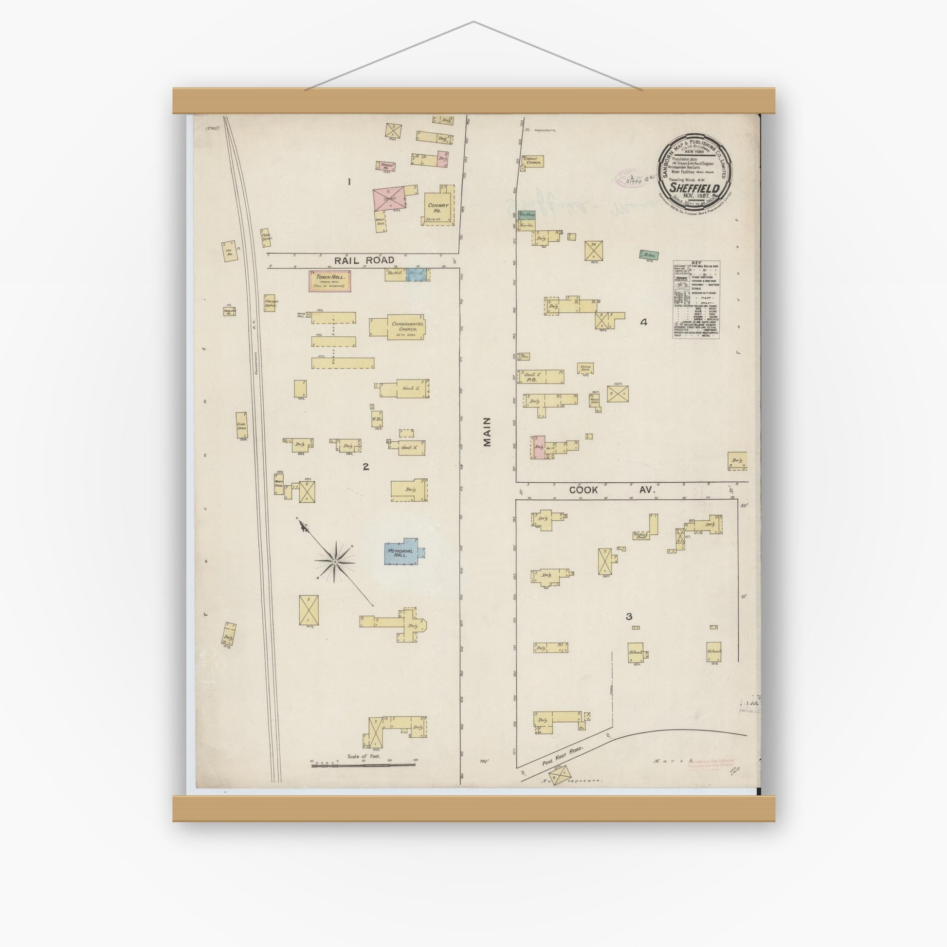 Old map wall art mockup — magnetic wood frame on white wall — Sanborn Fire Insurance Map from Sheffield, Berkshire County, Massachusetts (1887), Sheet #0001