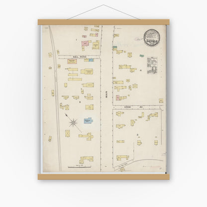 Old map wall art mockup — magnetic wood frame on white wall — Sanborn Fire Insurance Map from Sheffield, Berkshire County, Massachusetts (1887), Sheet #0001