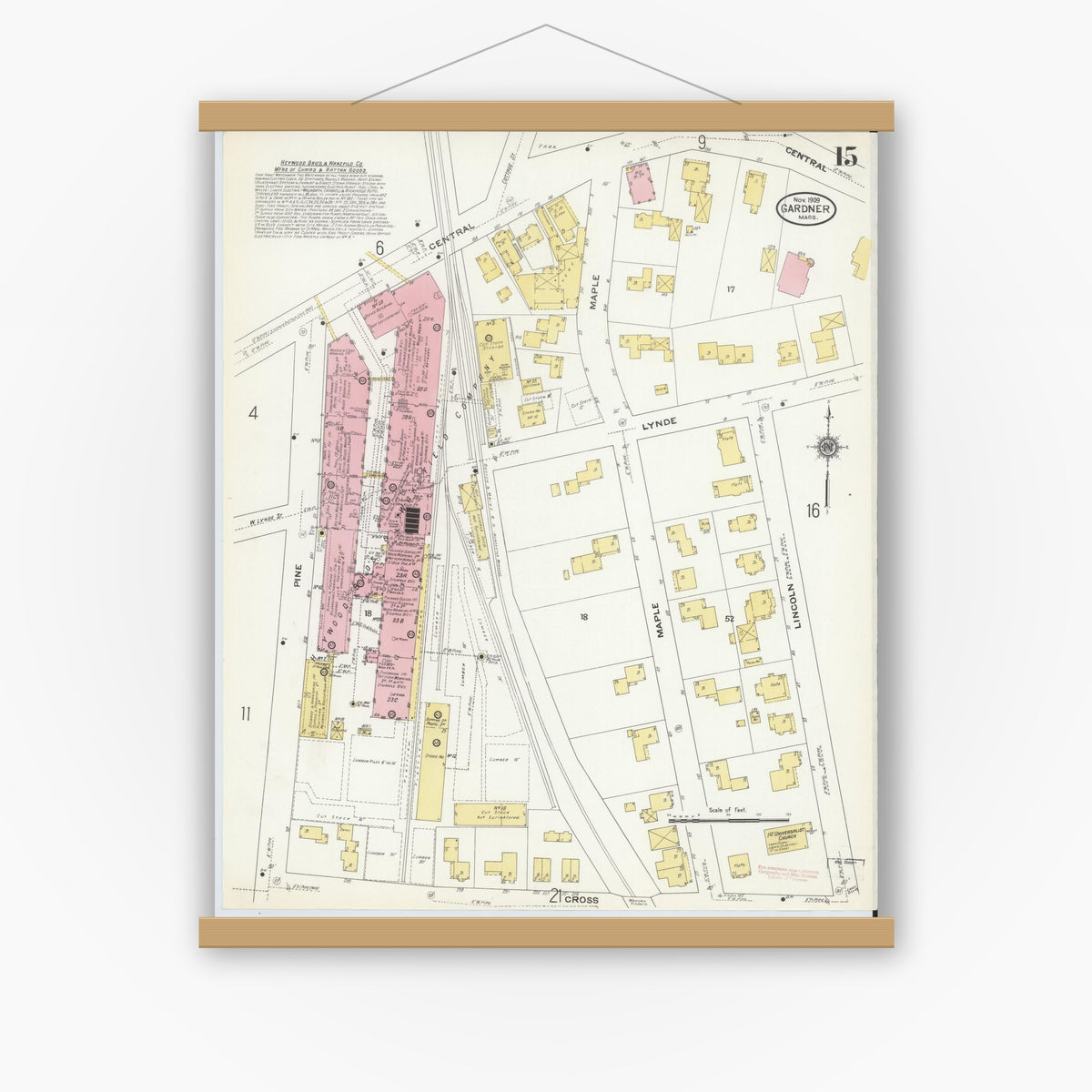 Old map wall art mockup — magnetic wood frame on white wall — Sanborn Fire Insurance Map from Gardner, Worcester County, Massachusetts (1909), Sheet #0015