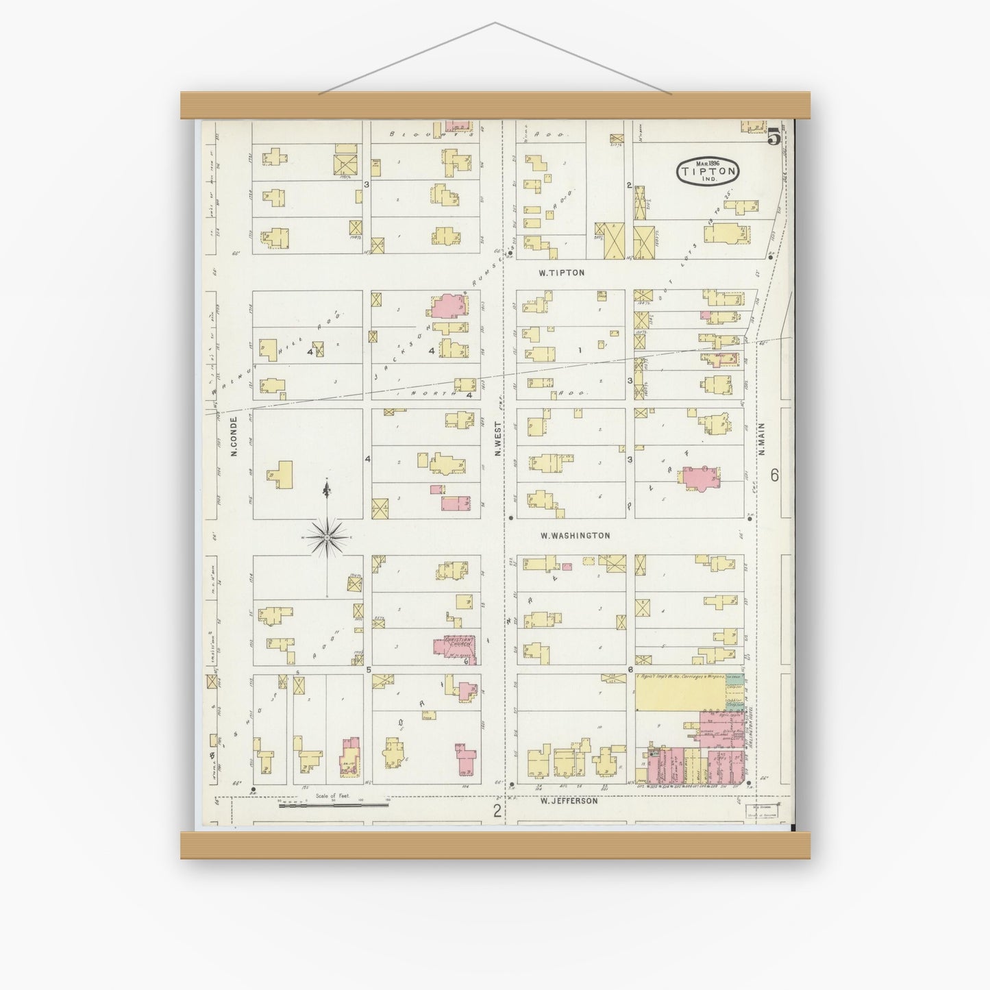 Old map wall art mockup — magnetic wood frame on white wall — Sanborn Fire Insurance Map from Tipton, Tipton County, Indiana (1896), Sheet #0005