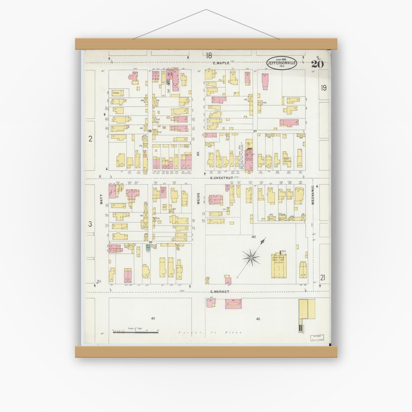Old map wall art mockup — magnetic wood frame on white wall — Sanborn Fire Insurance Map from Jeffersonville, Clark County, Indiana (1898), Sheet #0020