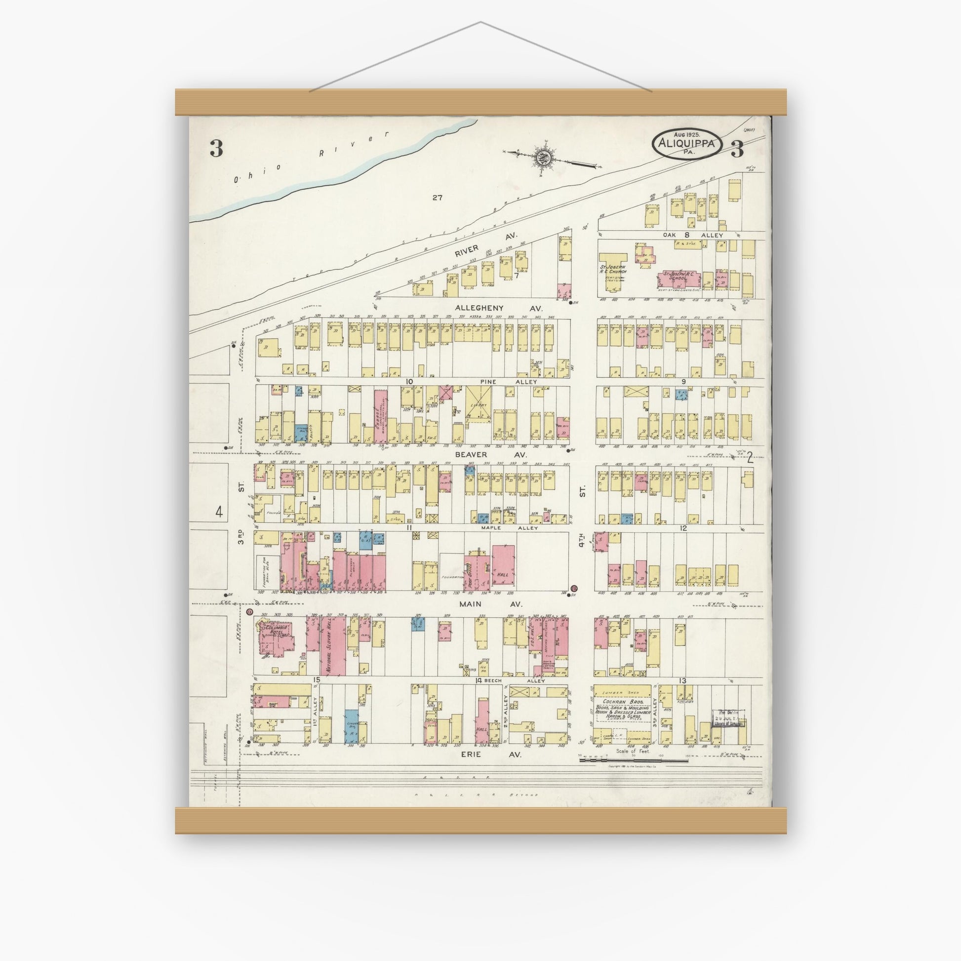 Old map wall art mockup — magnetic wood frame on white wall — Sanborn Fire Insurance Map from Aliquippa, Beaver County, Pennsylvania (1925), Sheet #0003