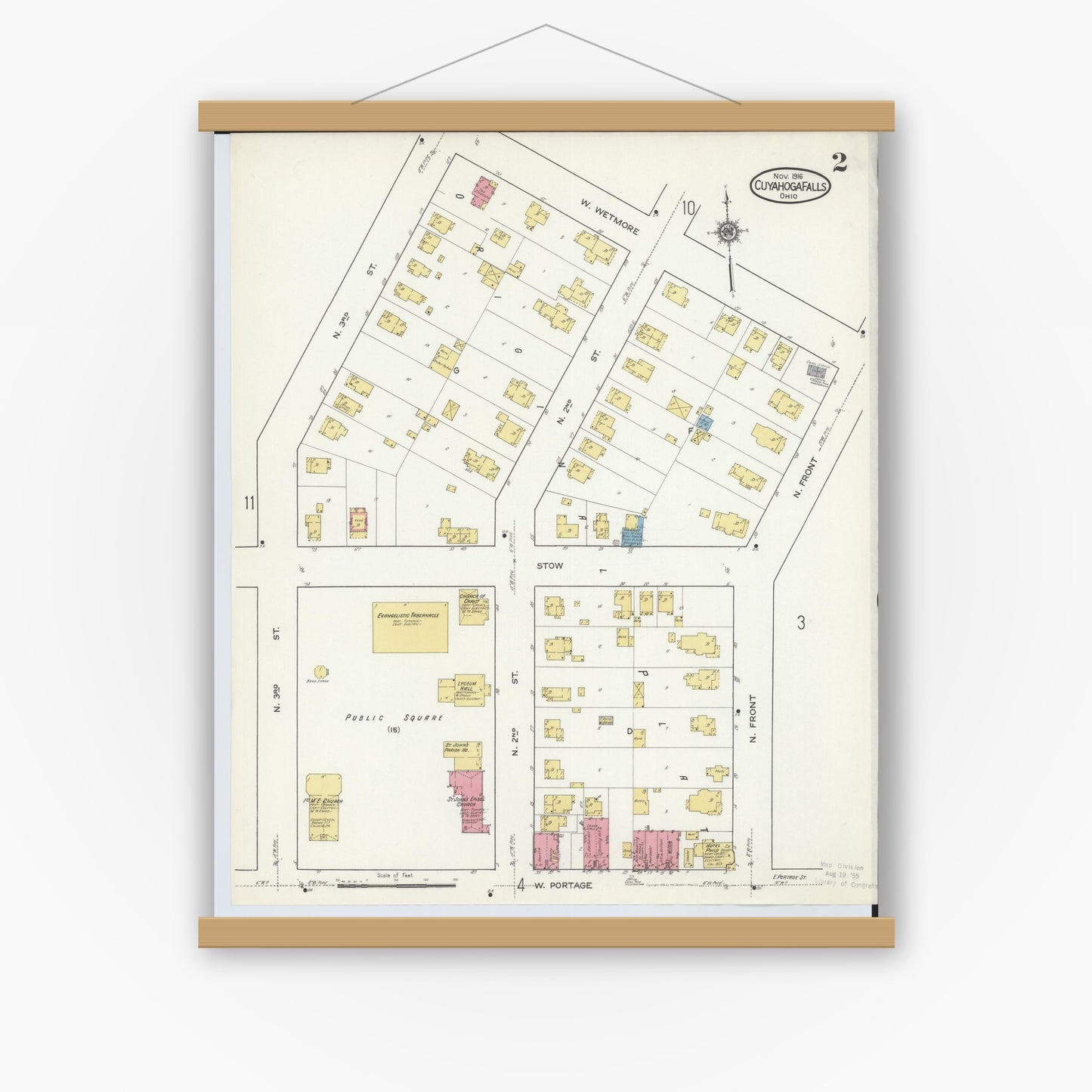Old map wall art mockup — magnetic wood frame on white wall — Sanborn Fire Insurance Map from Cuyahoga Falls, Summit County, Ohio (1916), Sheet #0002