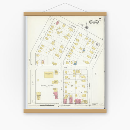 Old map wall art mockup — magnetic wood frame on white wall — Sanborn Fire Insurance Map from Cuyahoga Falls, Summit County, Ohio (1916), Sheet #0002