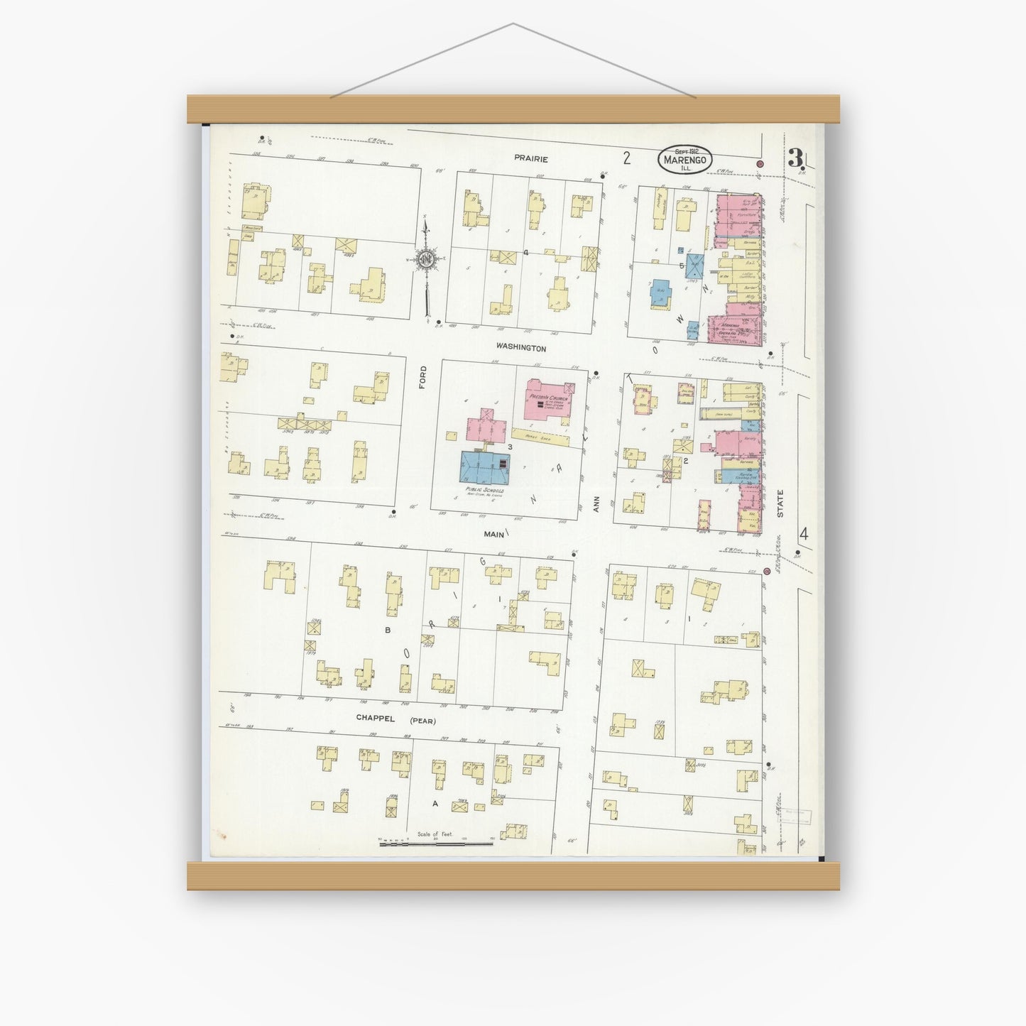 Old map wall art mockup — magnetic wood frame on white wall — Sanborn Fire Insurance Map from Marengo, McHenry County, Illinois (1912), Sheet #0003