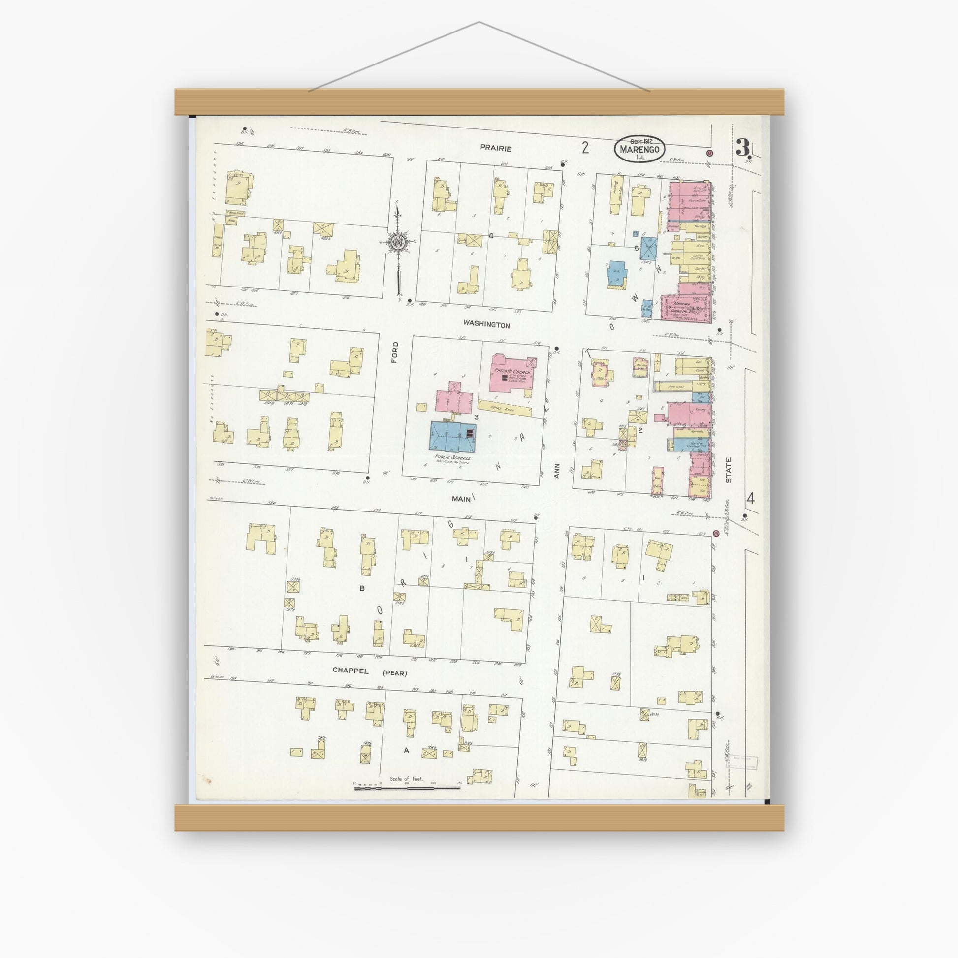 Old map wall art mockup — magnetic wood frame on white wall — Sanborn Fire Insurance Map from Marengo, McHenry County, Illinois (1912), Sheet #0003