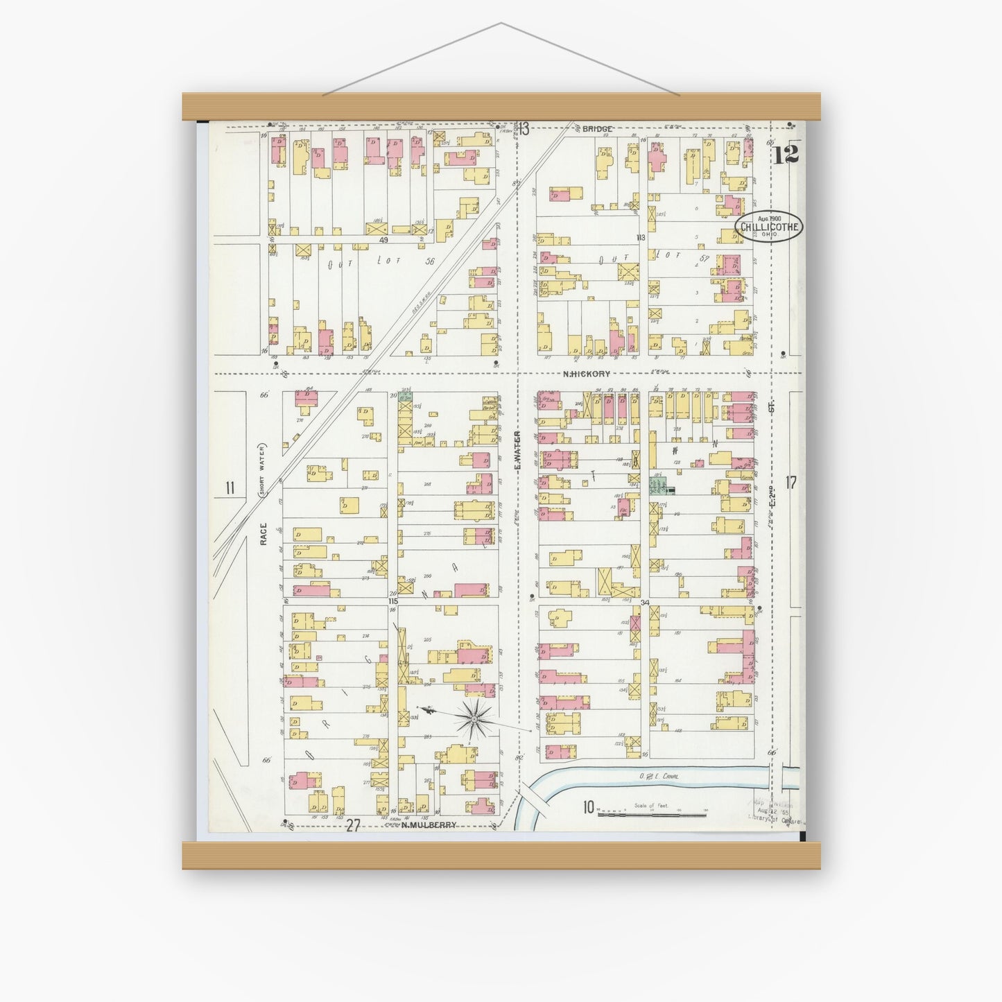 Old map wall art mockup — magnetic wood frame on white wall — Sanborn Fire Insurance Map from Chillicothe, Ross County, Ohio (1900), Sheet #0012