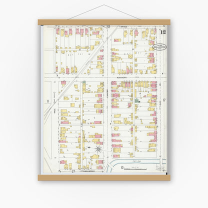 Old map wall art mockup — magnetic wood frame on white wall — Sanborn Fire Insurance Map from Chillicothe, Ross County, Ohio (1900), Sheet #0012