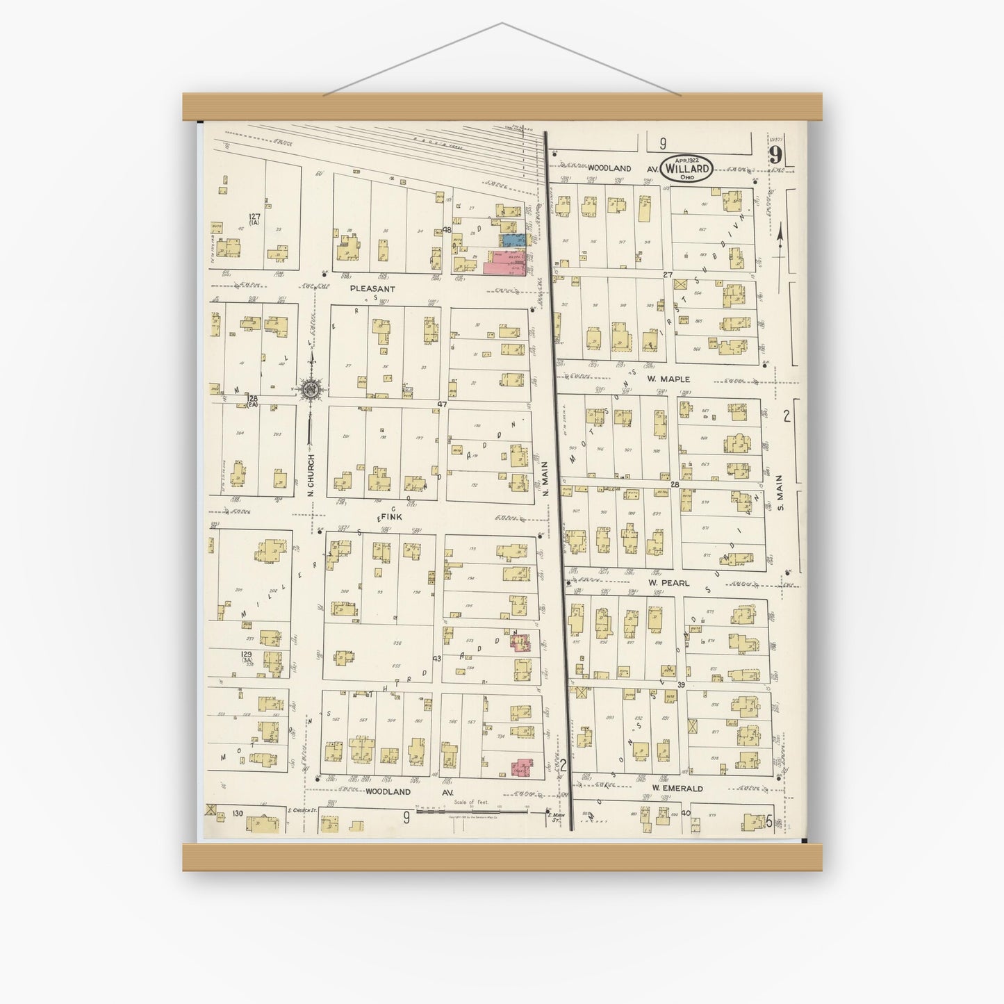 Old map wall art mockup — magnetic wood frame on white wall — Sanborn Fire Insurance Map from Willard, Huron County, Ohio (1922), Sheet #0009