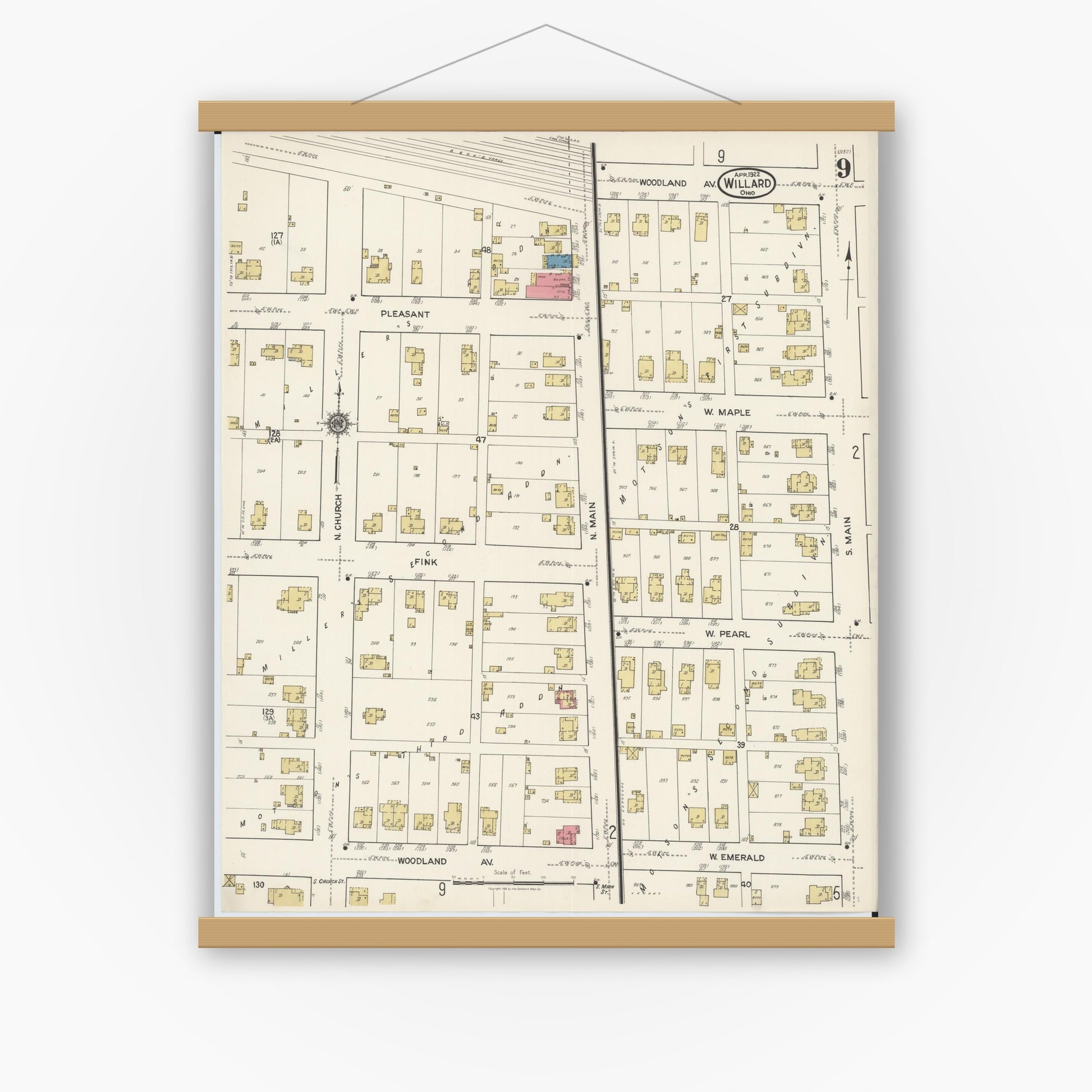 Old map wall art mockup — magnetic wood frame on white wall — Sanborn Fire Insurance Map from Willard, Huron County, Ohio (1922), Sheet #0009