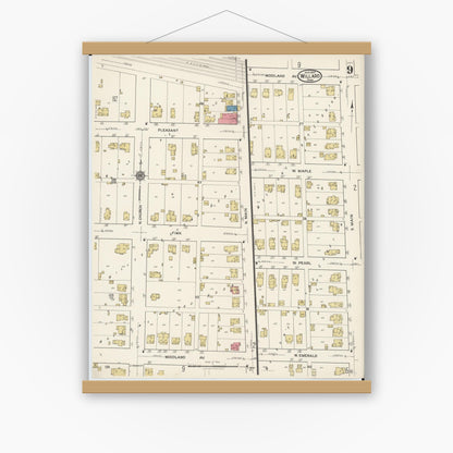 Old map wall art mockup — magnetic wood frame on white wall — Sanborn Fire Insurance Map from Willard, Huron County, Ohio (1922), Sheet #0009