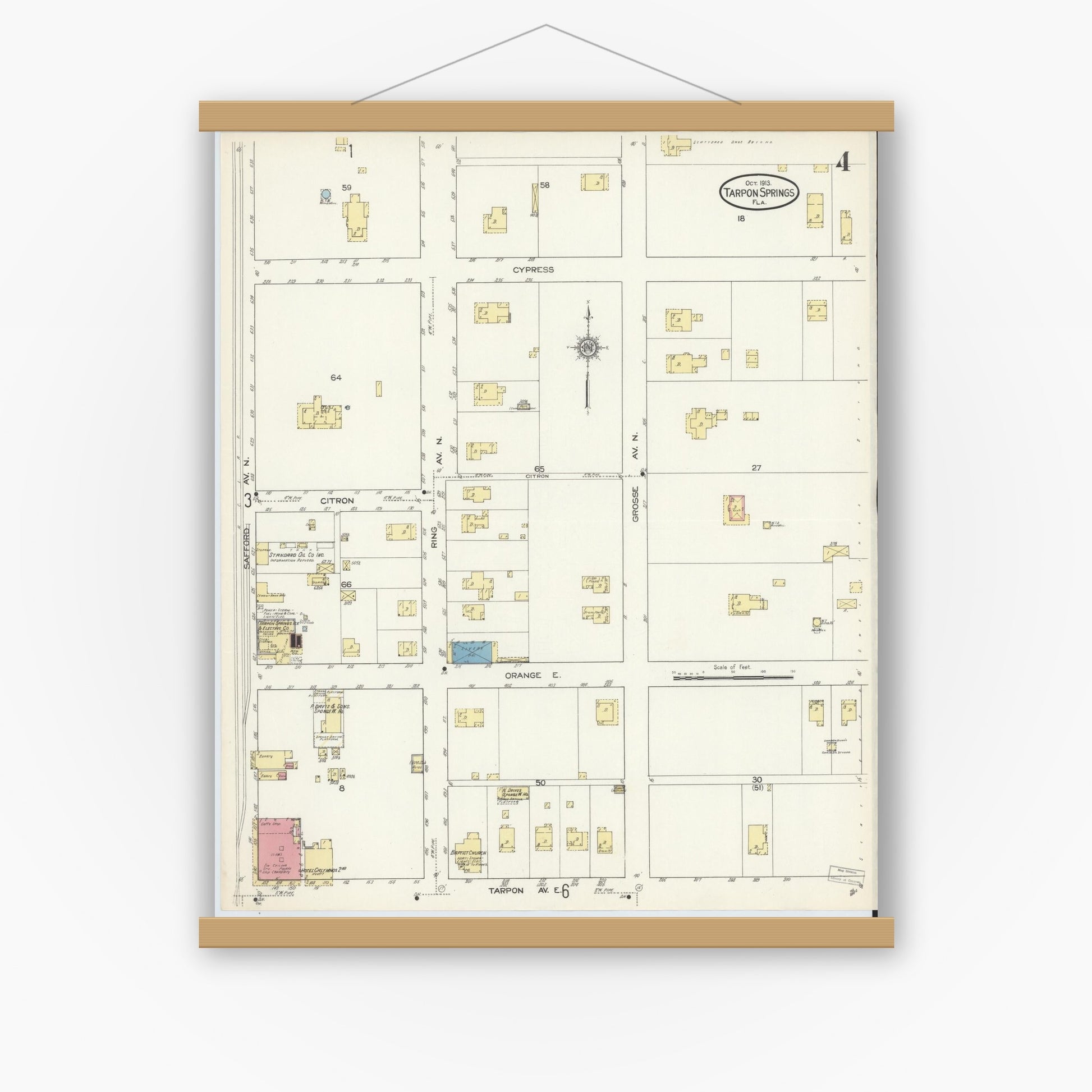 Old map wall art mockup — magnetic wood frame on white wall — Sanborn Fire Insurance Map from Tarpon Springs, Pinellas County, Florida (1913), Sheet #0004