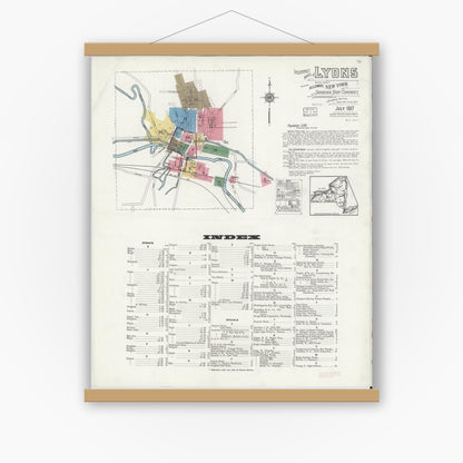 Old map wall art mockup — magnetic wood frame on white wall — Sanborn Fire Insurance Map from Lyons, Wayne County, New York (1917) - Complete Map Set