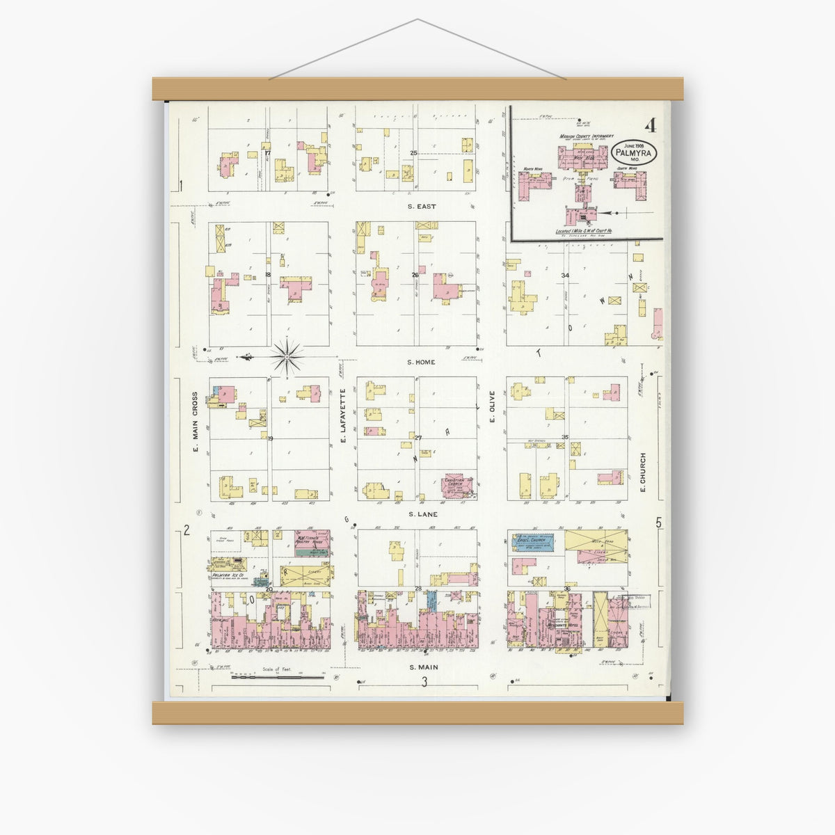Old map wall art mockup — magnetic wood frame on white wall — Sanborn Fire Insurance Map from Palmyra, Marion County, Missouri (1909), Sheet #0004