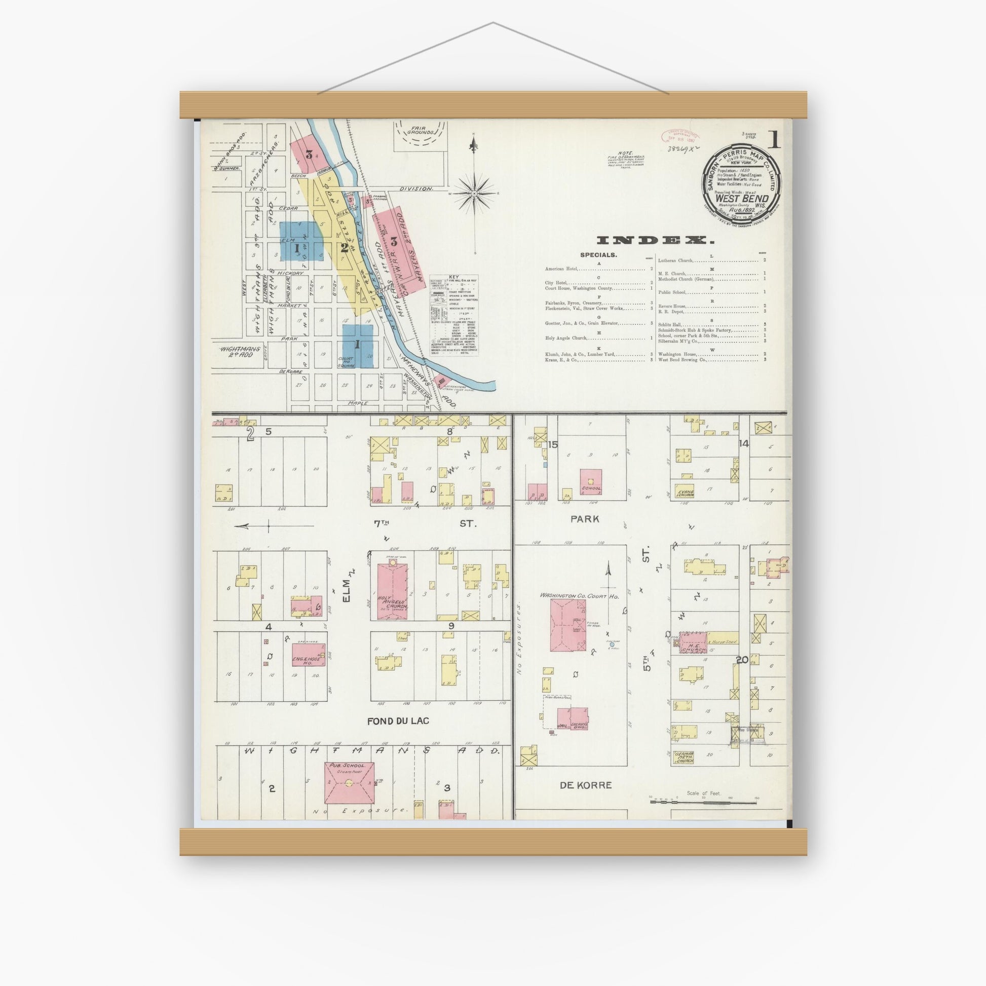 Old map wall art mockup — magnetic wood frame on white wall — Sanborn Fire Insurance Map from West Bend, Washington County, Wisconsin (1892), Sheet #0001