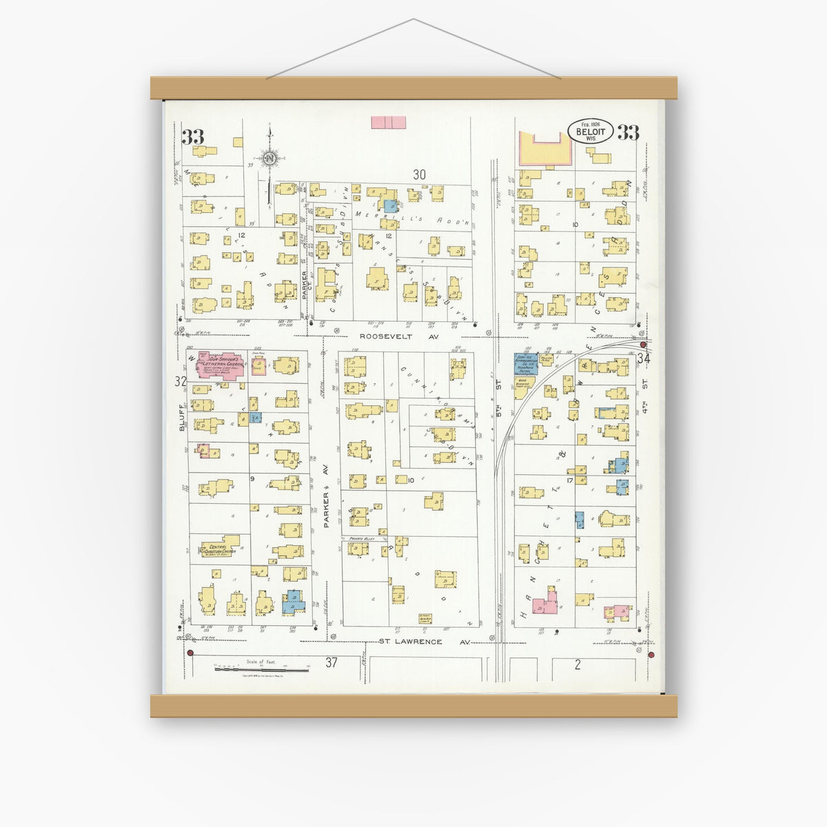 Old map wall art mockup — magnetic wood frame on white wall — Sanborn Fire Insurance Map from Beloit, Rock County, Wisconsin (1926), Sheet #0033