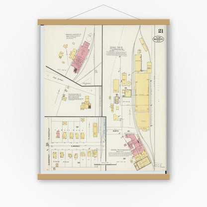 Old map wall art mockup — magnetic wood frame on white wall — Sanborn Fire Insurance Map from Warren, Trumbull County, Ohio (1902), Sheet #0021