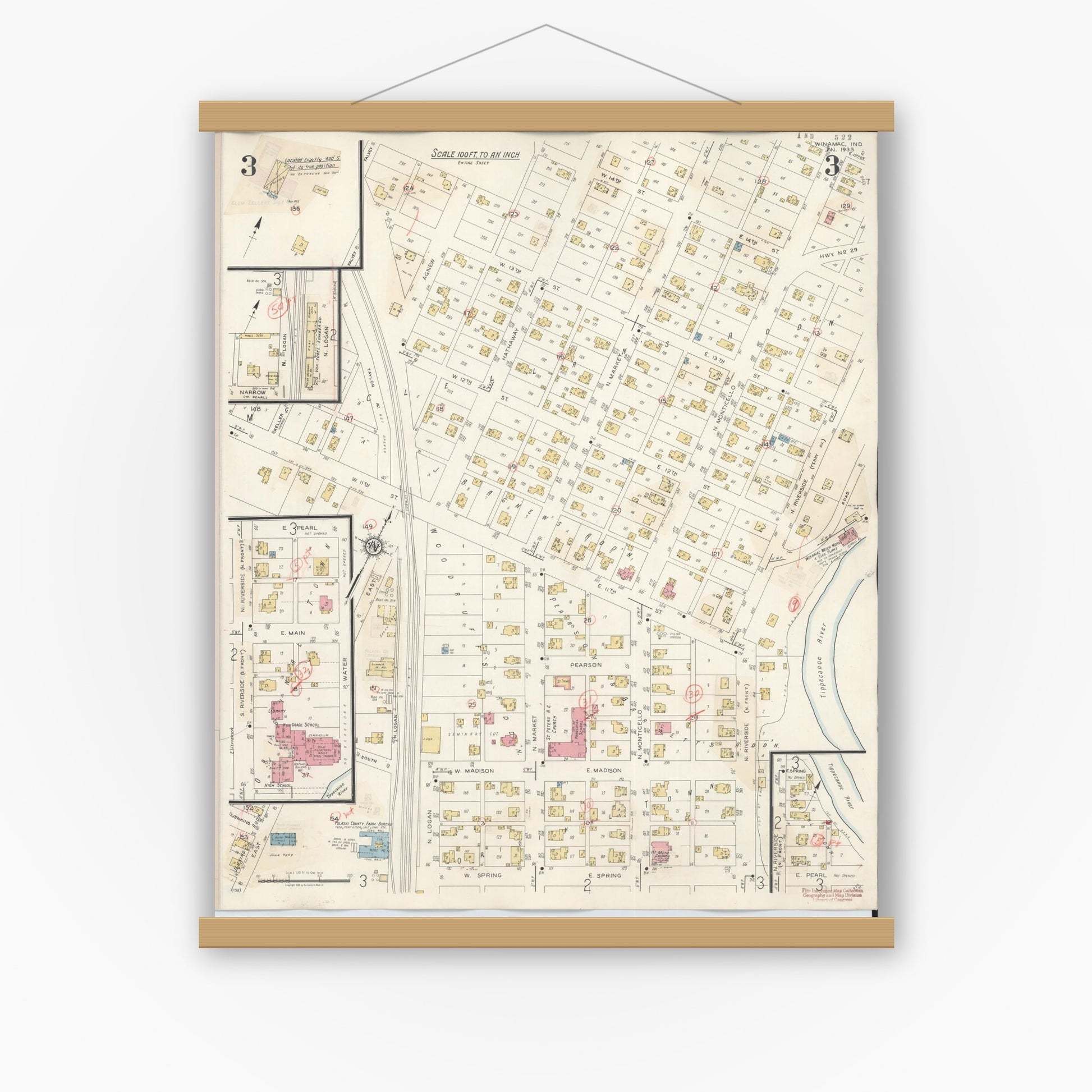 Old map wall art mockup — magnetic wood frame on white wall — Sanborn Fire Insurance Map from Winamac, Pulaski County, Indiana (1943), Sheet #0003