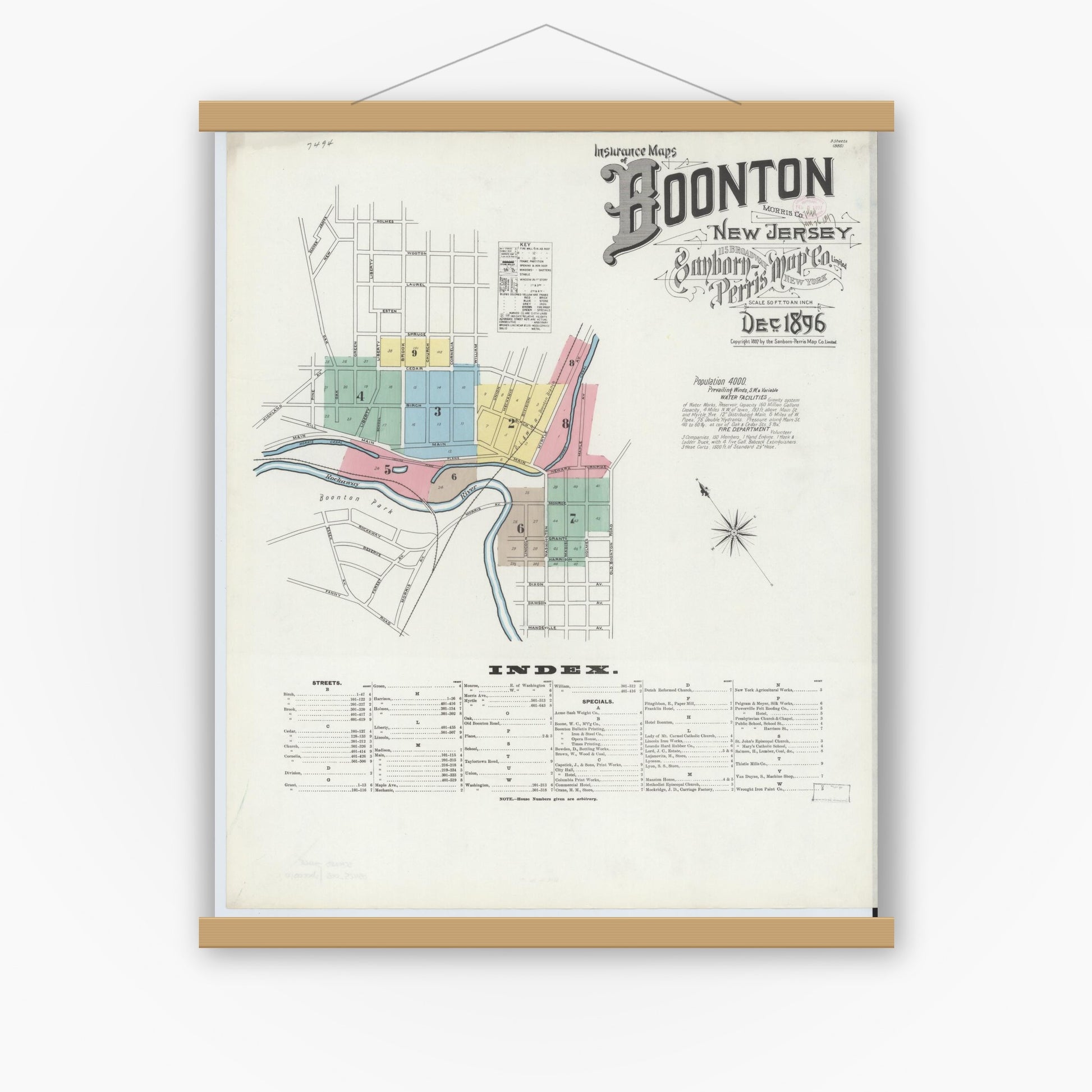 Old map wall art mockup — magnetic wood frame on white wall — Sanborn Fire Insurance Map from Boonton, Morris County, New Jersey (1896) - Complete Map Set