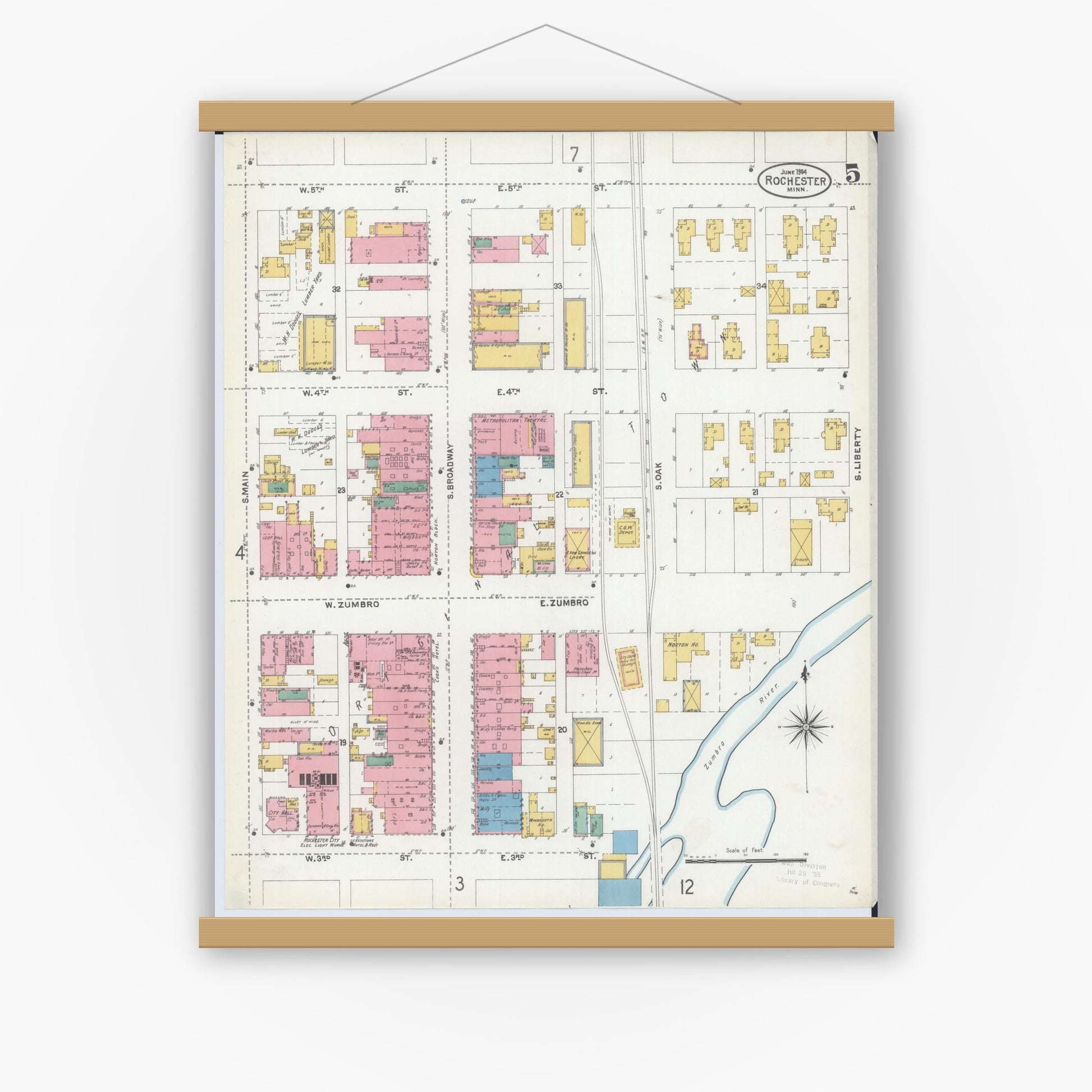 Old map wall art mockup — magnetic wood frame on white wall — Sanborn Fire Insurance Map from Rochester, Olmsted County, Minnesota (1904), Sheet #0005