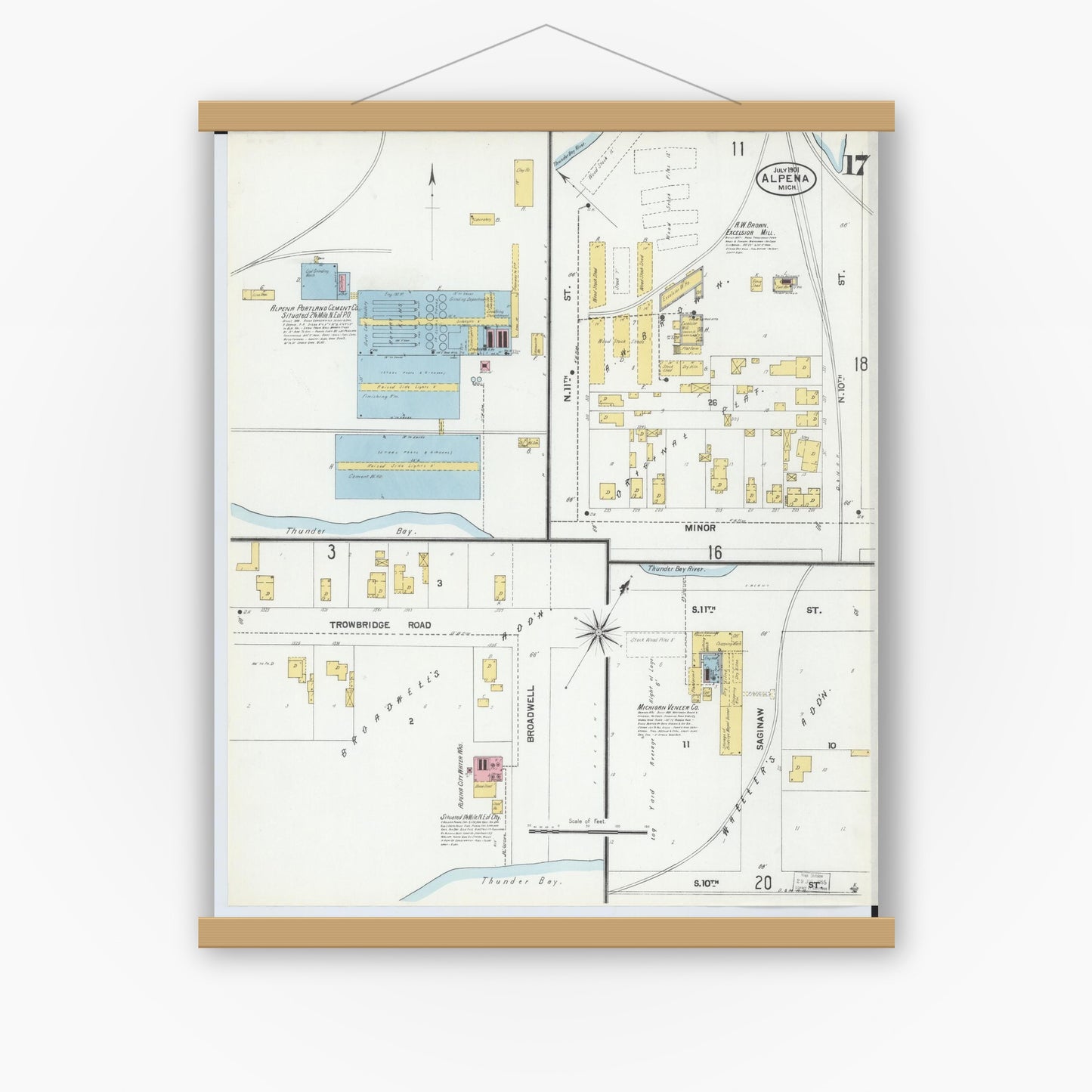 Old map wall art mockup — magnetic wood frame on white wall — Sanborn Fire Insurance Map from Alpena, Alpena County, Michigan (1901), Sheet #0017