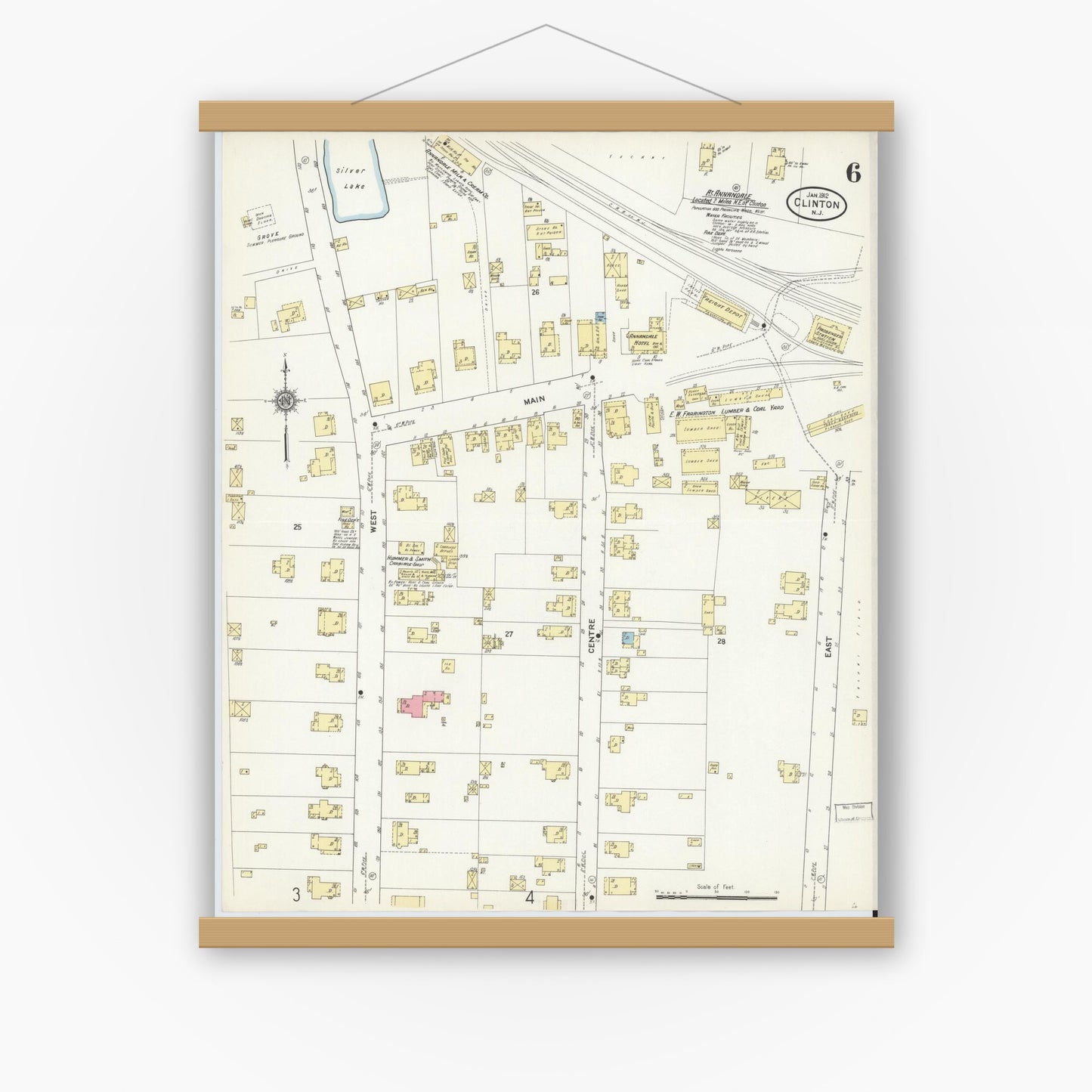 Old map wall art mockup — magnetic wood frame on white wall — Sanborn Fire Insurance Map from Clinton, Hunterdon County, New Jersey (1912), Sheet #0006
