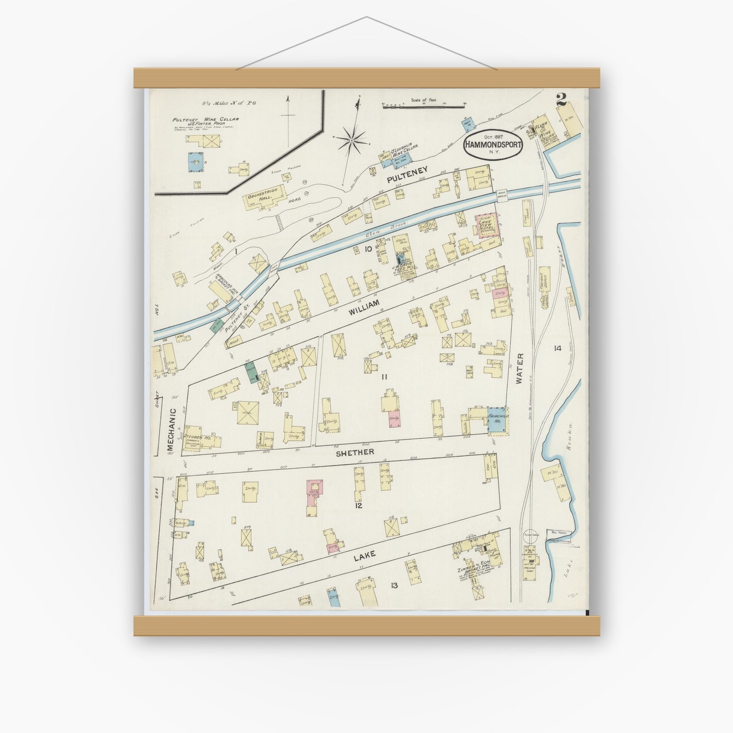 Old map wall art mockup — magnetic wood frame on white wall — Sanborn Fire Insurance Map from Hammondsport, Steuben County, New York (1887), Sheet #0002