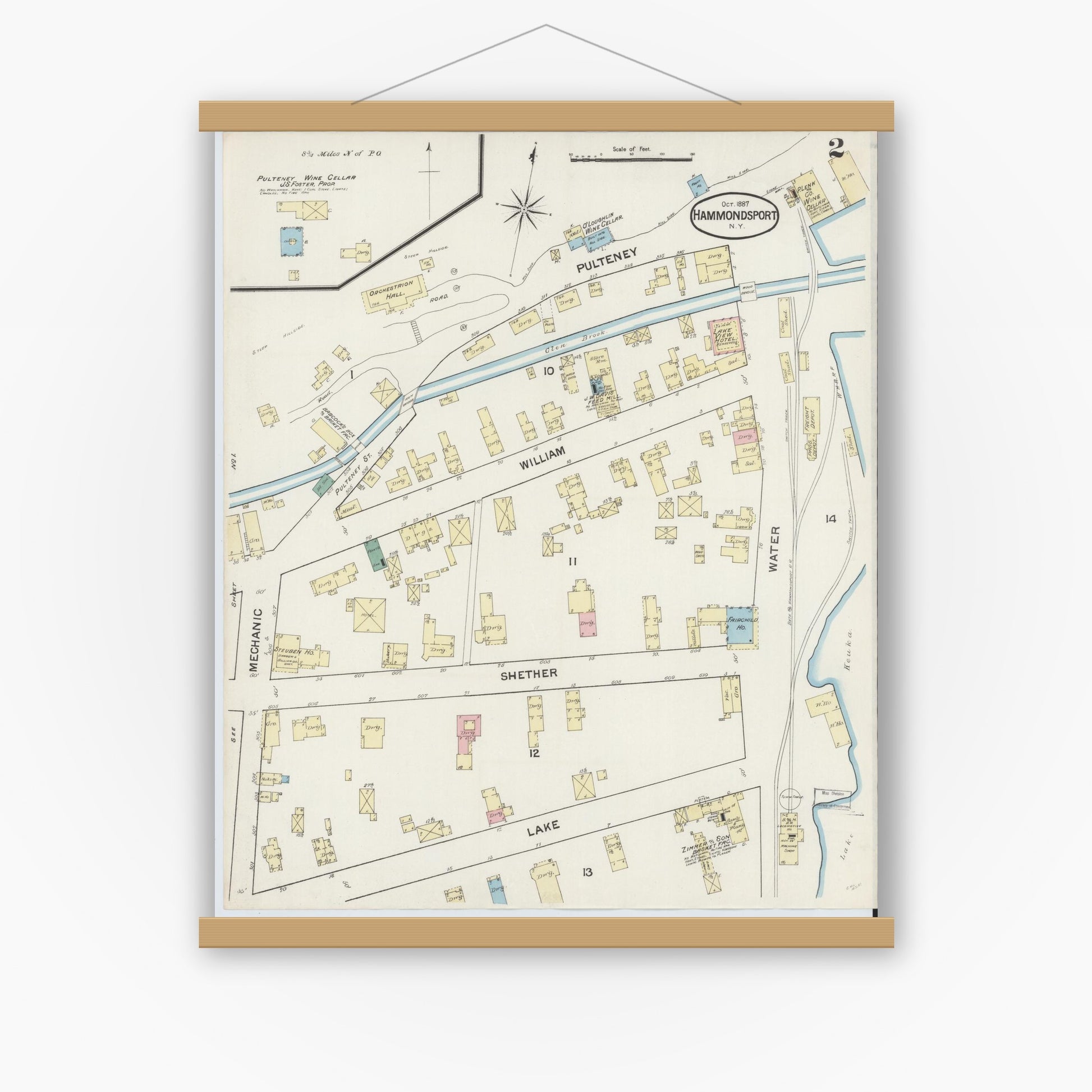 Old map wall art mockup — magnetic wood frame on white wall — Sanborn Fire Insurance Map from Hammondsport, Steuben County, New York (1887), Sheet #0002