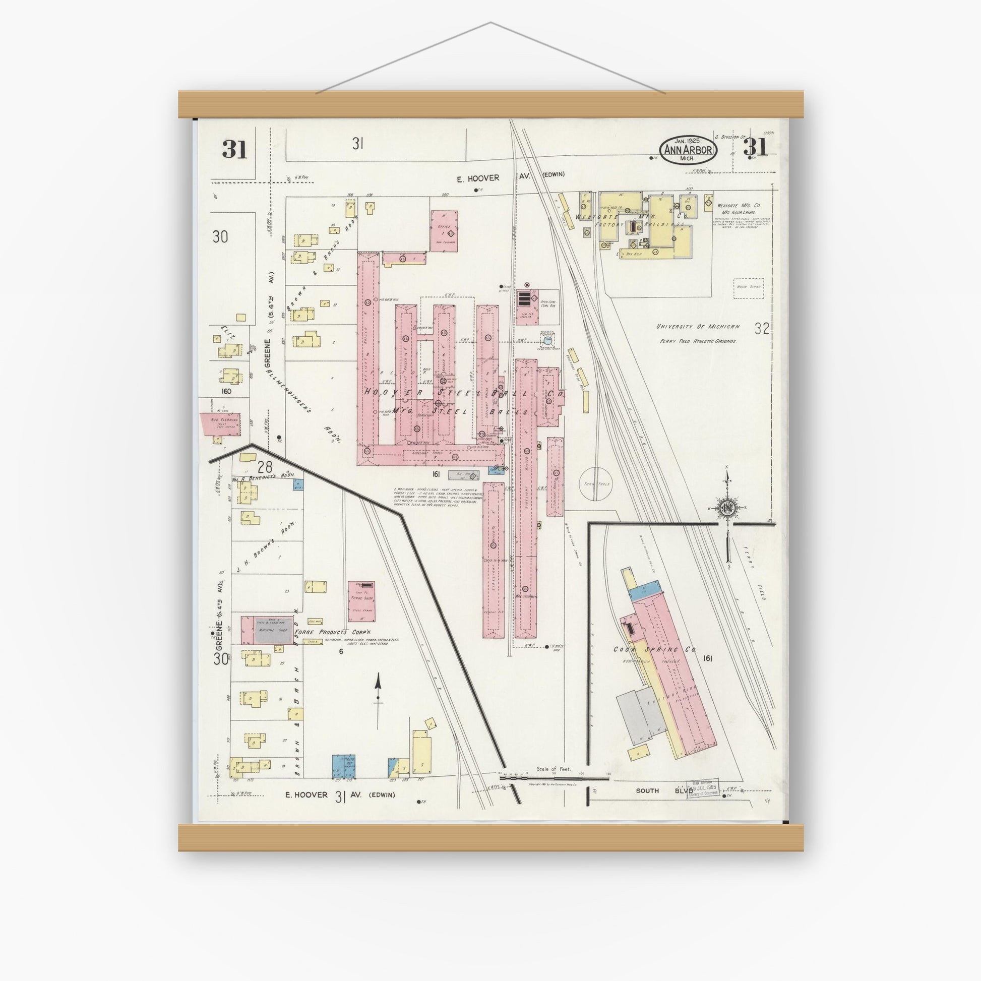 Old map wall art mockup — magnetic wood frame on white wall — Sanborn Fire Insurance Map from Ann Arbor, Washtenaw County, Michigan (1925), Sheet #0031