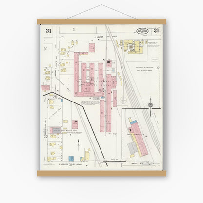 Old map wall art mockup — magnetic wood frame on white wall — Sanborn Fire Insurance Map from Ann Arbor, Washtenaw County, Michigan (1925), Sheet #0031