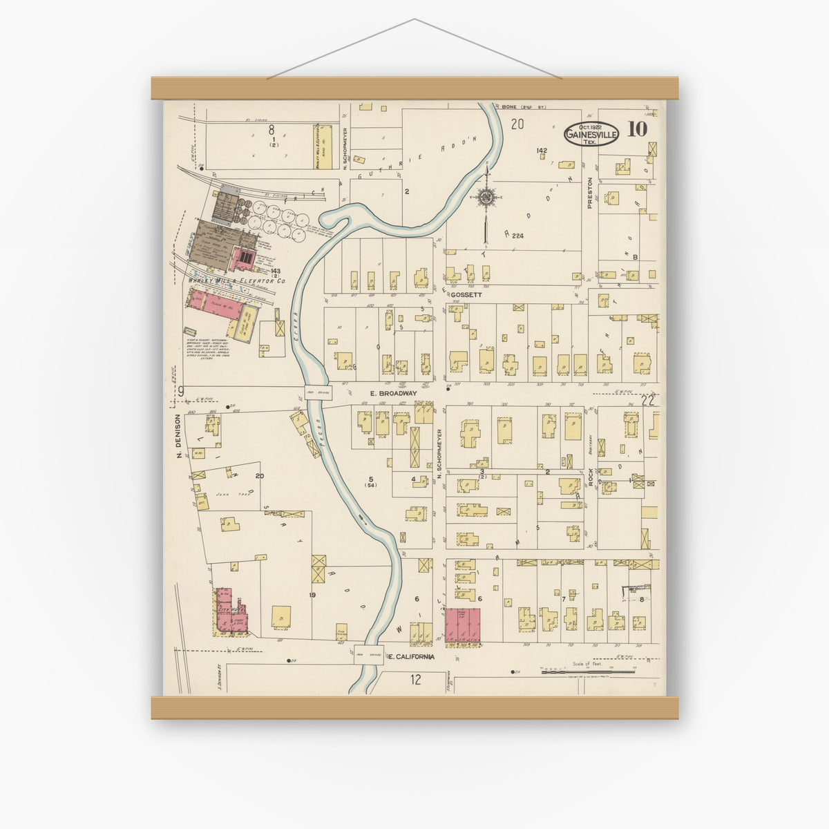 Old map wall art mockup — magnetic wood frame on white wall — Sanborn Fire Insurance Map from Gainesville, Cooke County, Texas (1922), Sheet #0010