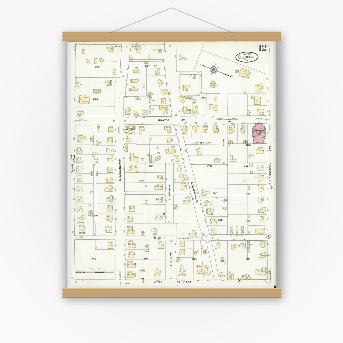 Old map wall art mockup — magnetic wood frame on white wall — Sanborn Fire Insurance Map from Cleburne, Johnson County, Texas (1910), Sheet #0012