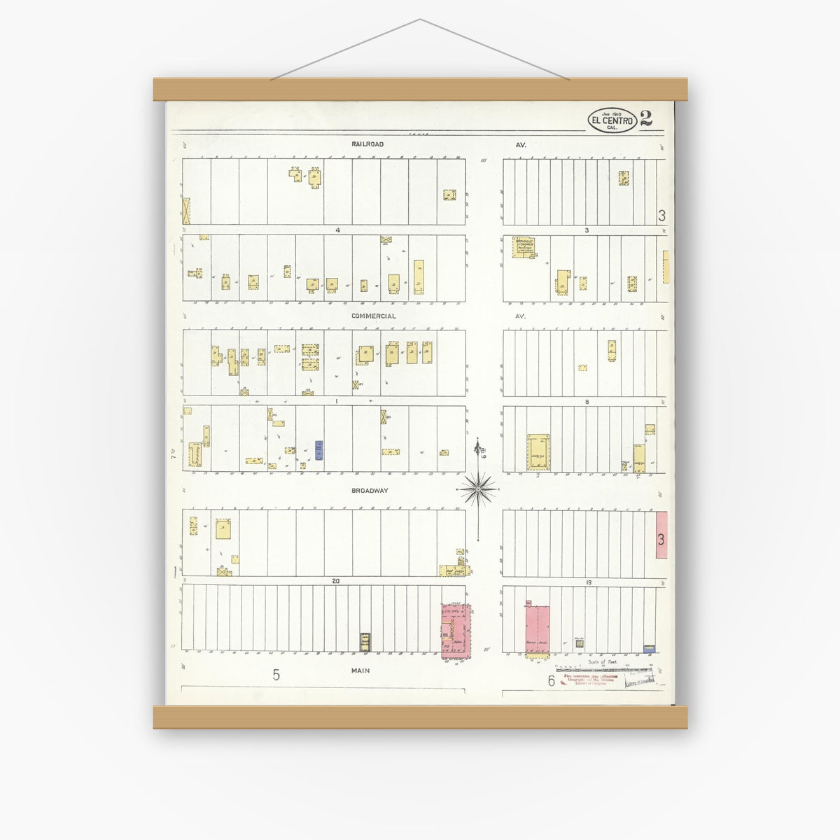Old map wall art mockup — magnetic wood frame on white wall — Sanborn Fire Insurance Map from El Centro, Imperial County, California (1910), Sheet #0002