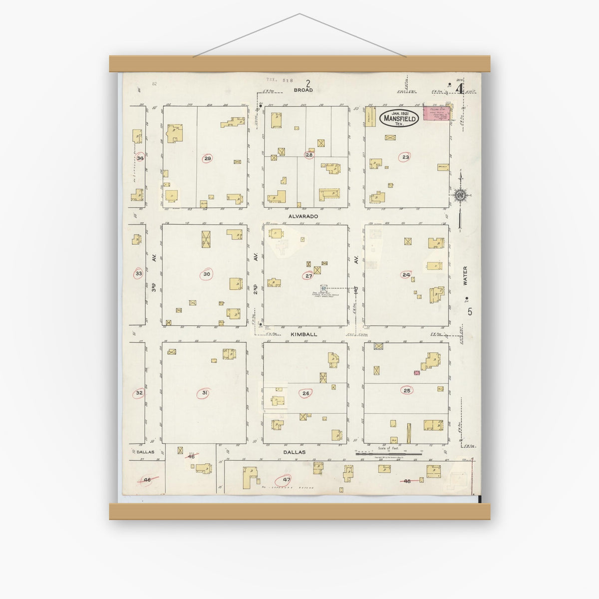 Old map wall art mockup — magnetic wood frame on white wall — Sanborn Fire Insurance Map from Mansfield, Tarrant County, Texas (1933), Sheet #0004