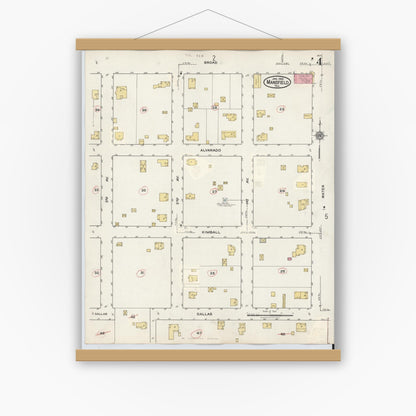 Old map wall art mockup — magnetic wood frame on white wall — Sanborn Fire Insurance Map from Mansfield, Tarrant County, Texas (1933), Sheet #0004