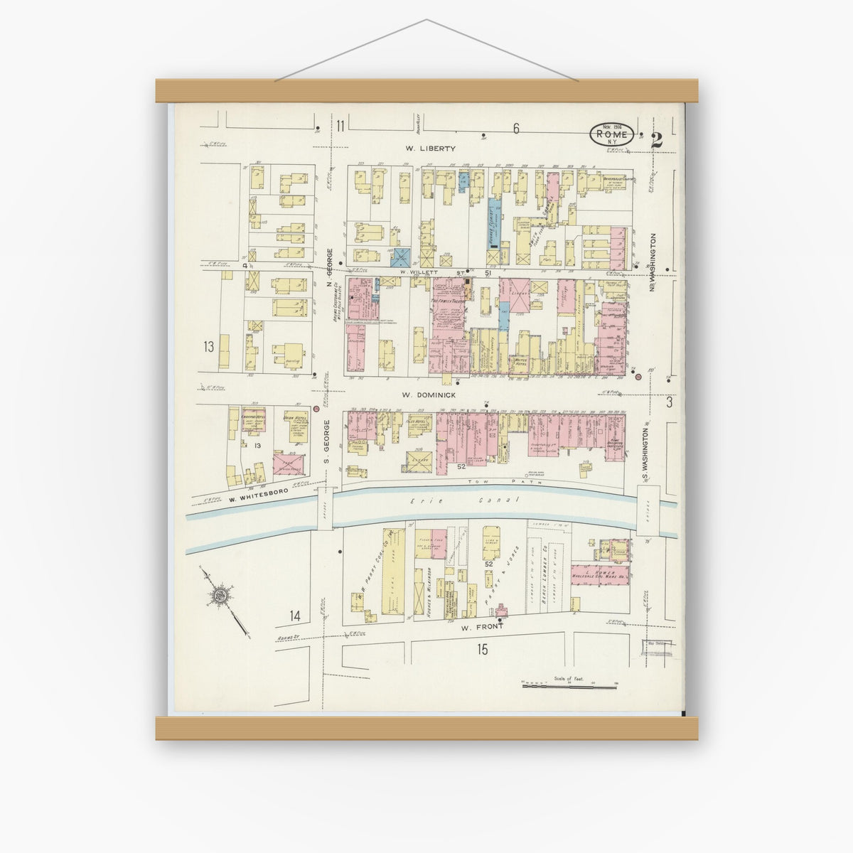 Old map wall art mockup — magnetic wood frame on white wall — Sanborn Fire Insurance Map from Rome, Oneida County, New York (1914), Sheet #0002