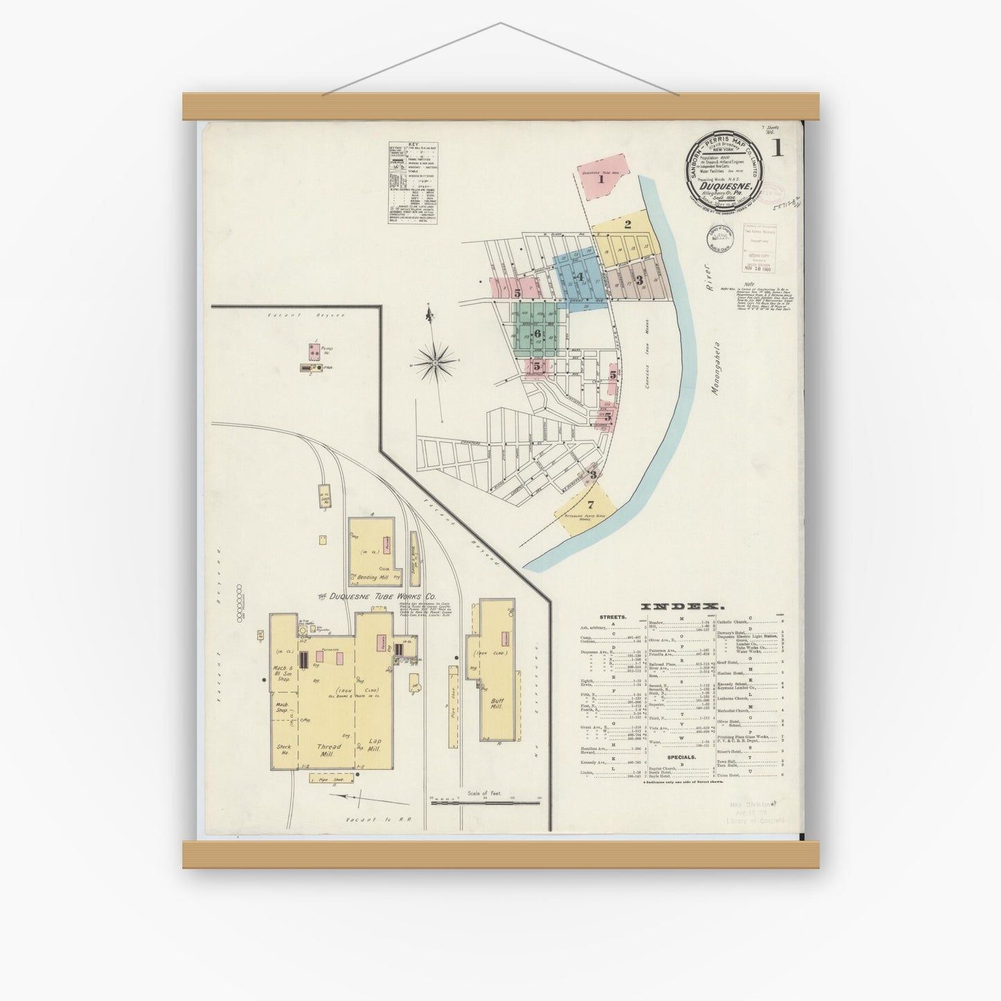 Old map wall art mockup — magnetic wood frame on white wall — Sanborn Fire Insurance Map from Duquesne, Allegheny County, Pennsylvania (1896) - Complete Map Set