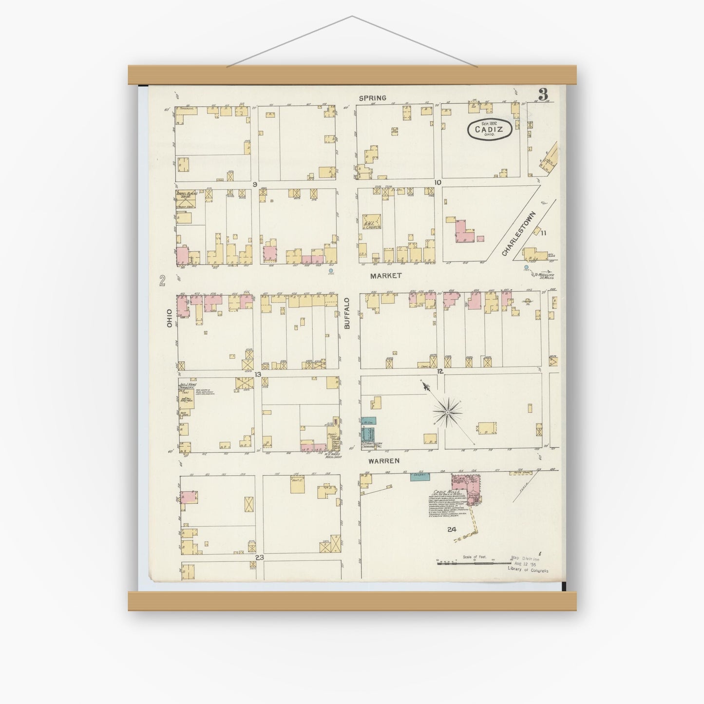 Old map wall art mockup — magnetic wood frame on white wall — Sanborn Fire Insurance Map from Cadiz, Harrison County, Ohio (1892), Sheet #0003