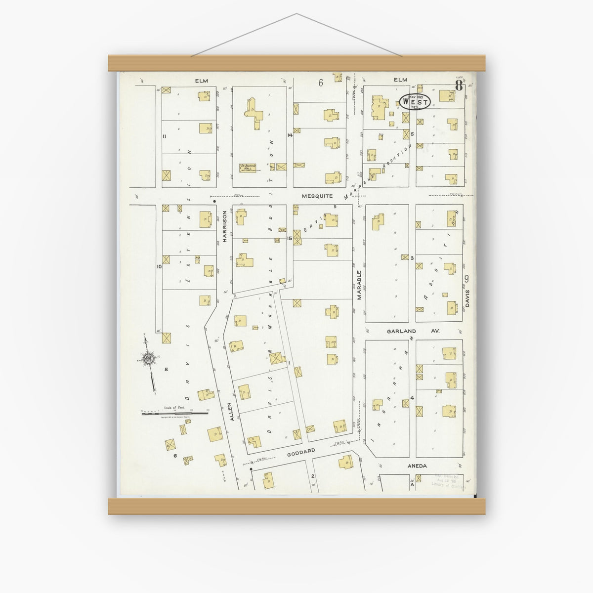 Old map wall art mockup — magnetic wood frame on white wall — Sanborn Fire Insurance Map from West, McLennan County, Texas (1921), Sheet #0008